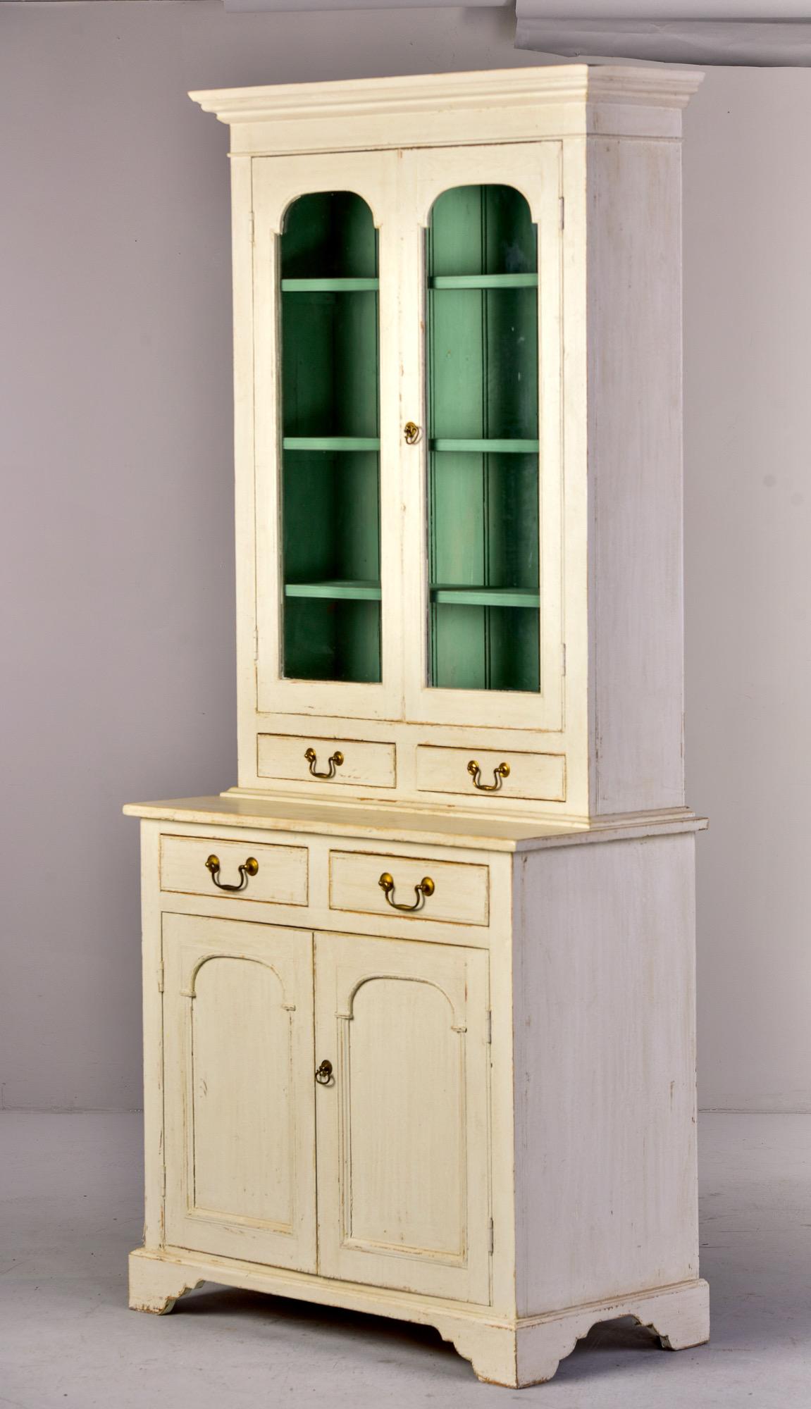 Small 19th C English Glazed Bookcase with White Paint and Blue Shelves 3