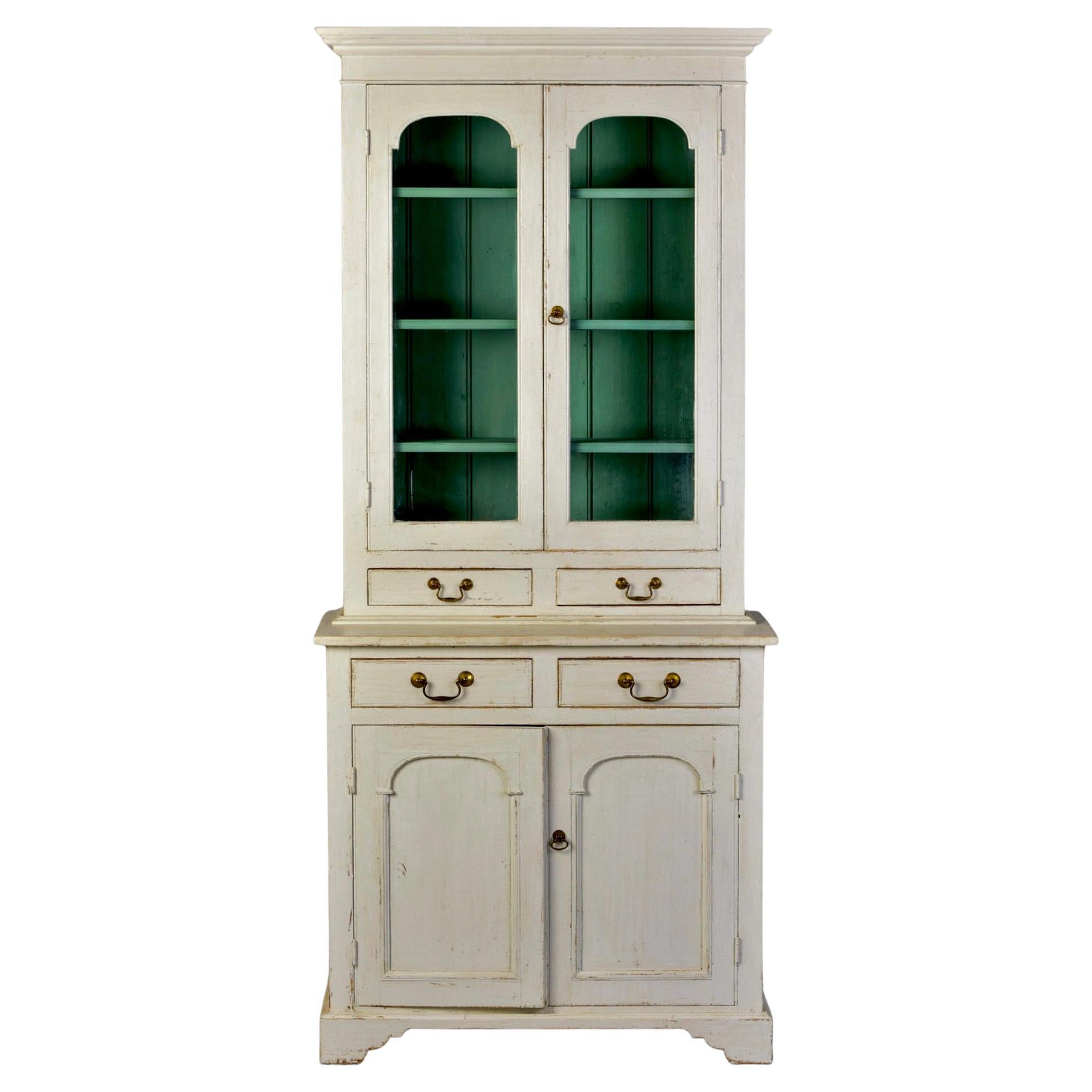 Small 19th C English Glazed Bookcase with White Paint and Blue Shelves