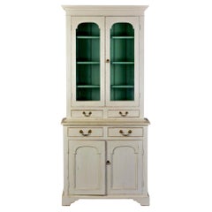 Small 19th C English Glazed Bookcase with White Paint and Blue Shelves