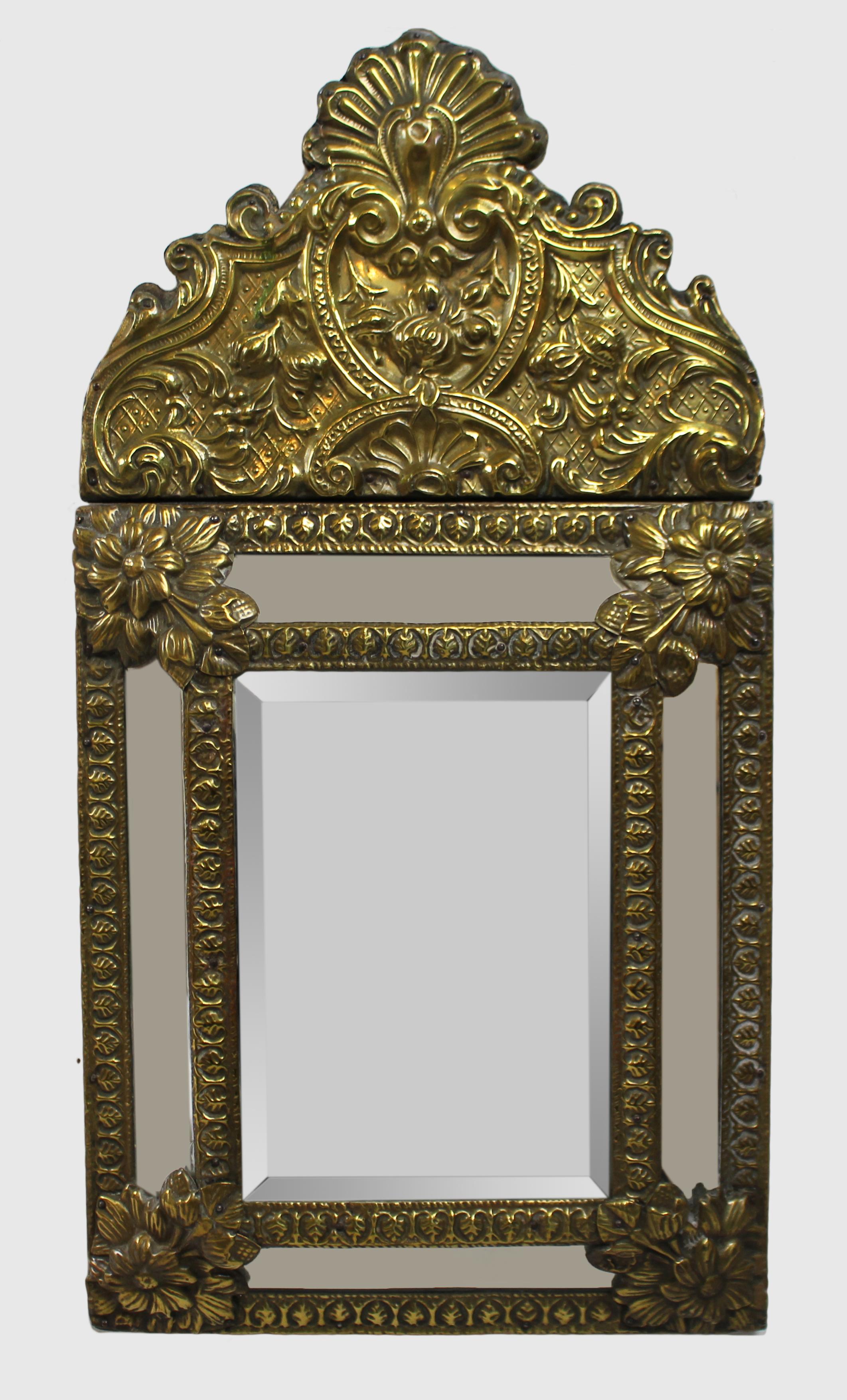 Small 19th c. French repoussé brass cushion mirror


Measures: Width 27 cm 10 1/2 in

Height 51.5 cm 20 1/4 in
 
Period 19th c., French

Frame Brass, ornate repoussé work

Mirror Original bevelled glass

Condition Offered in good