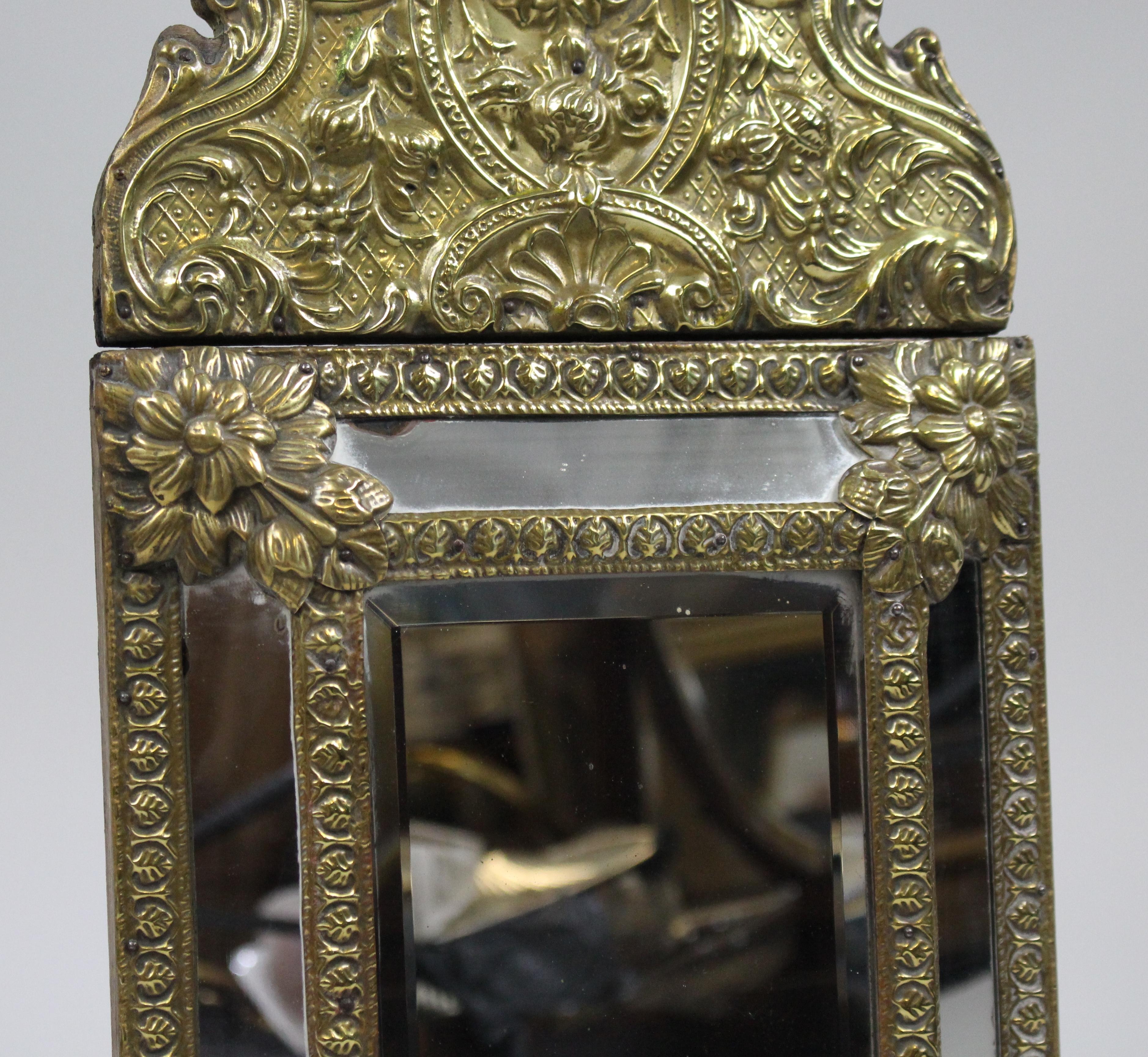Small 19th Century French Repoussé Brass Cushion Mirror In Good Condition For Sale In Worcester, Worcestershire