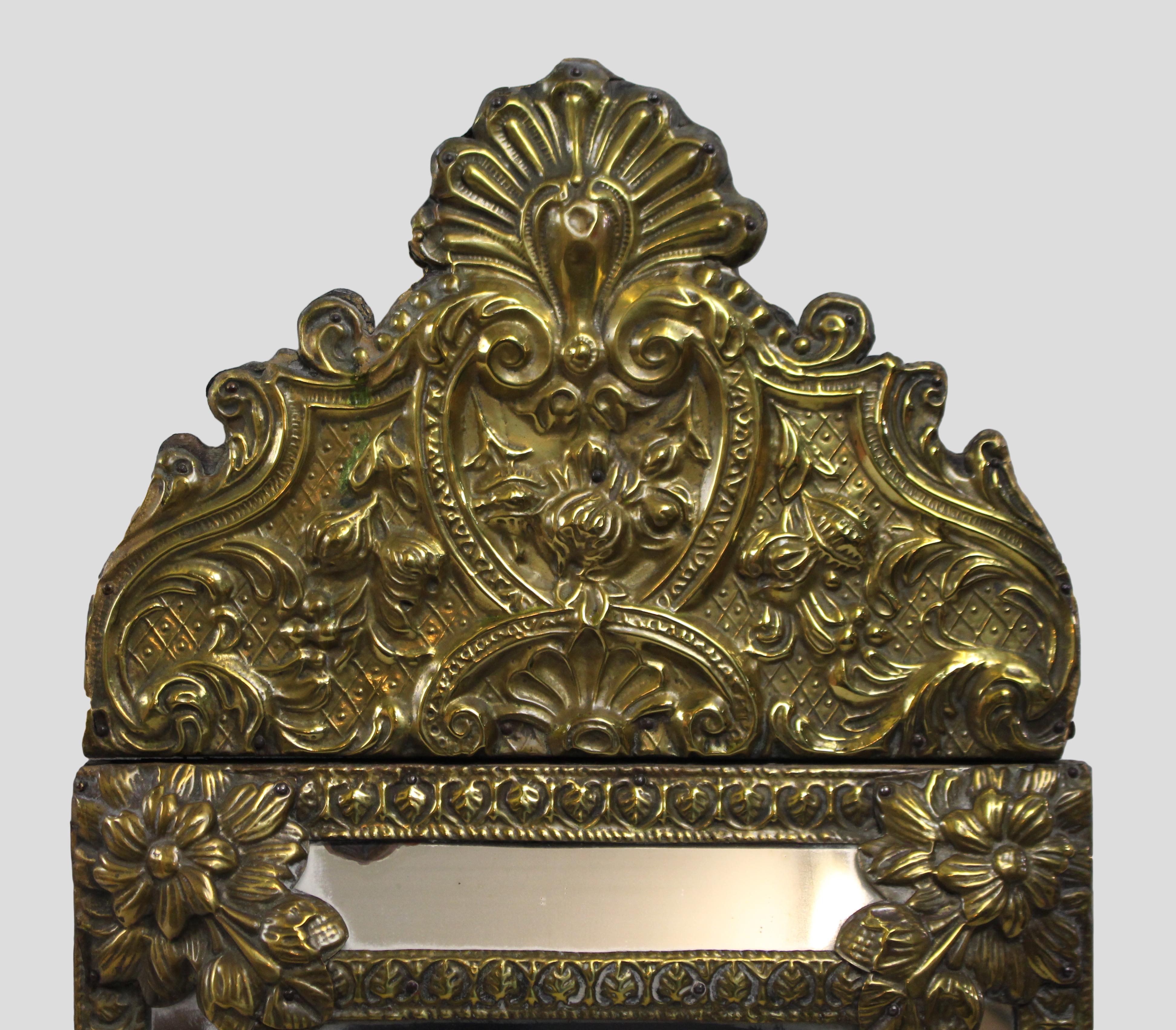 Small 19th C. French Repoussé Brass Cushion Mirror In Good Condition For Sale In Worcester, GB