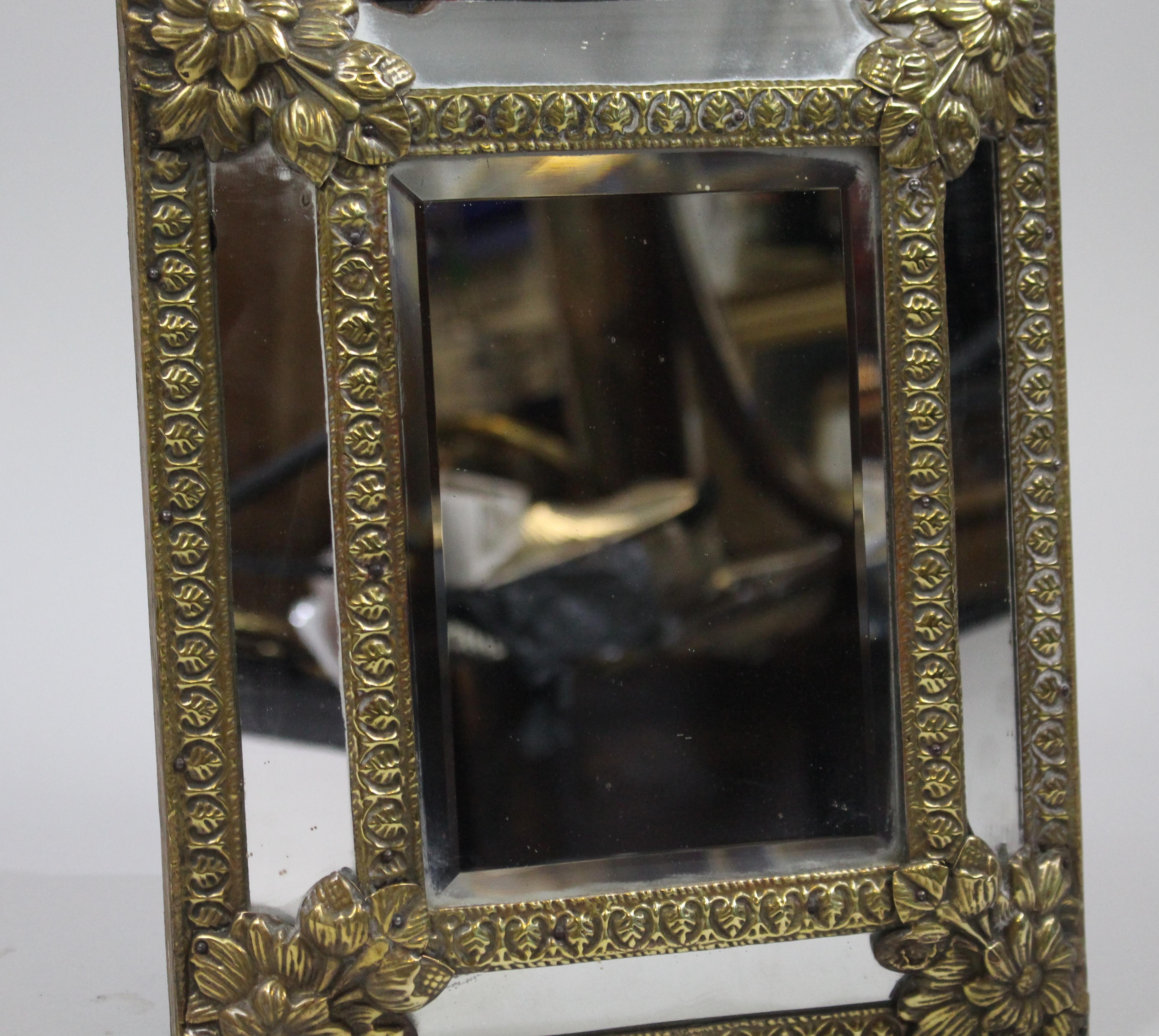 Small 19th C. French Repoussé Brass Cushion Mirror For Sale 1