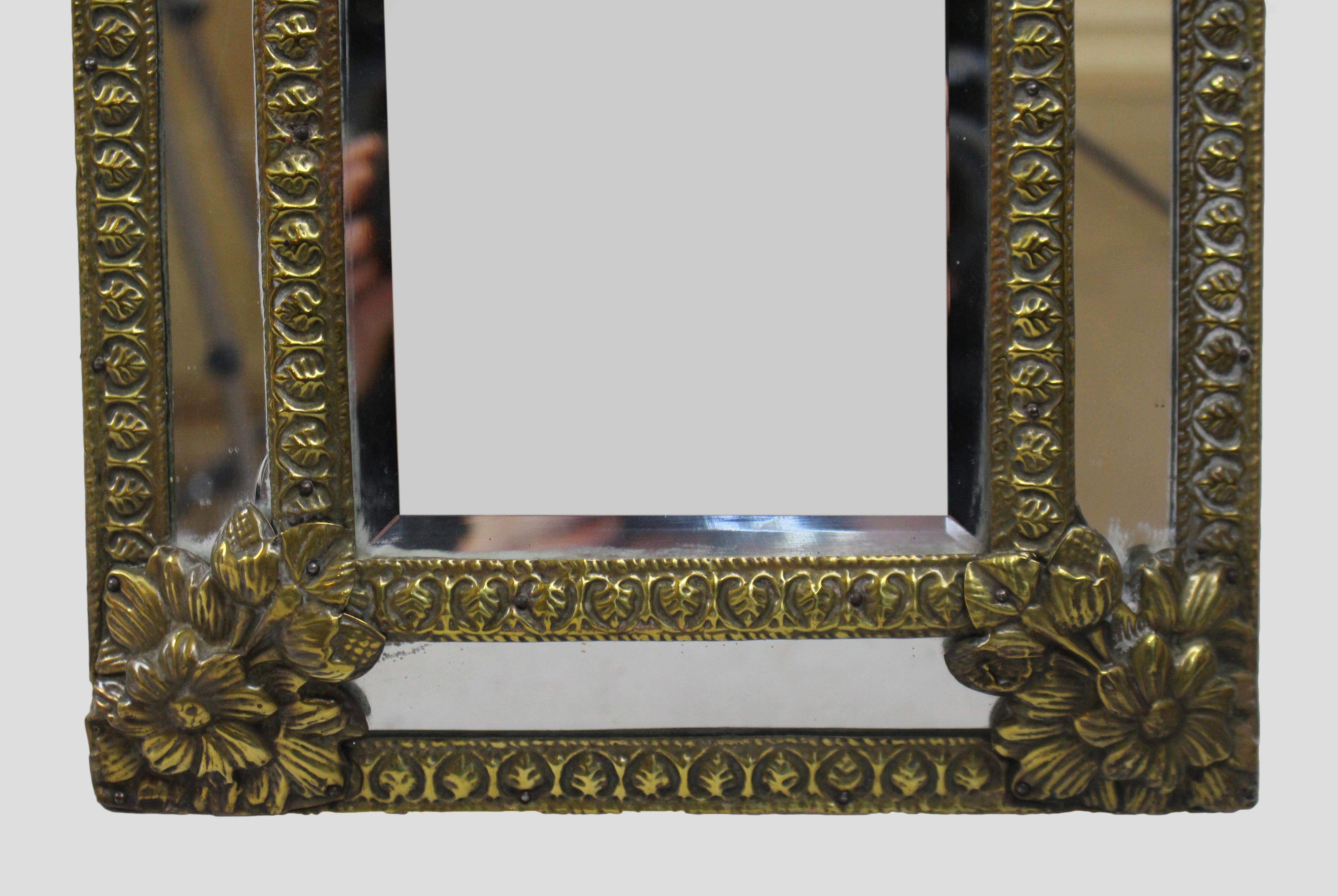 Small 19th C. French Repoussé Brass Cushion Mirror For Sale 2