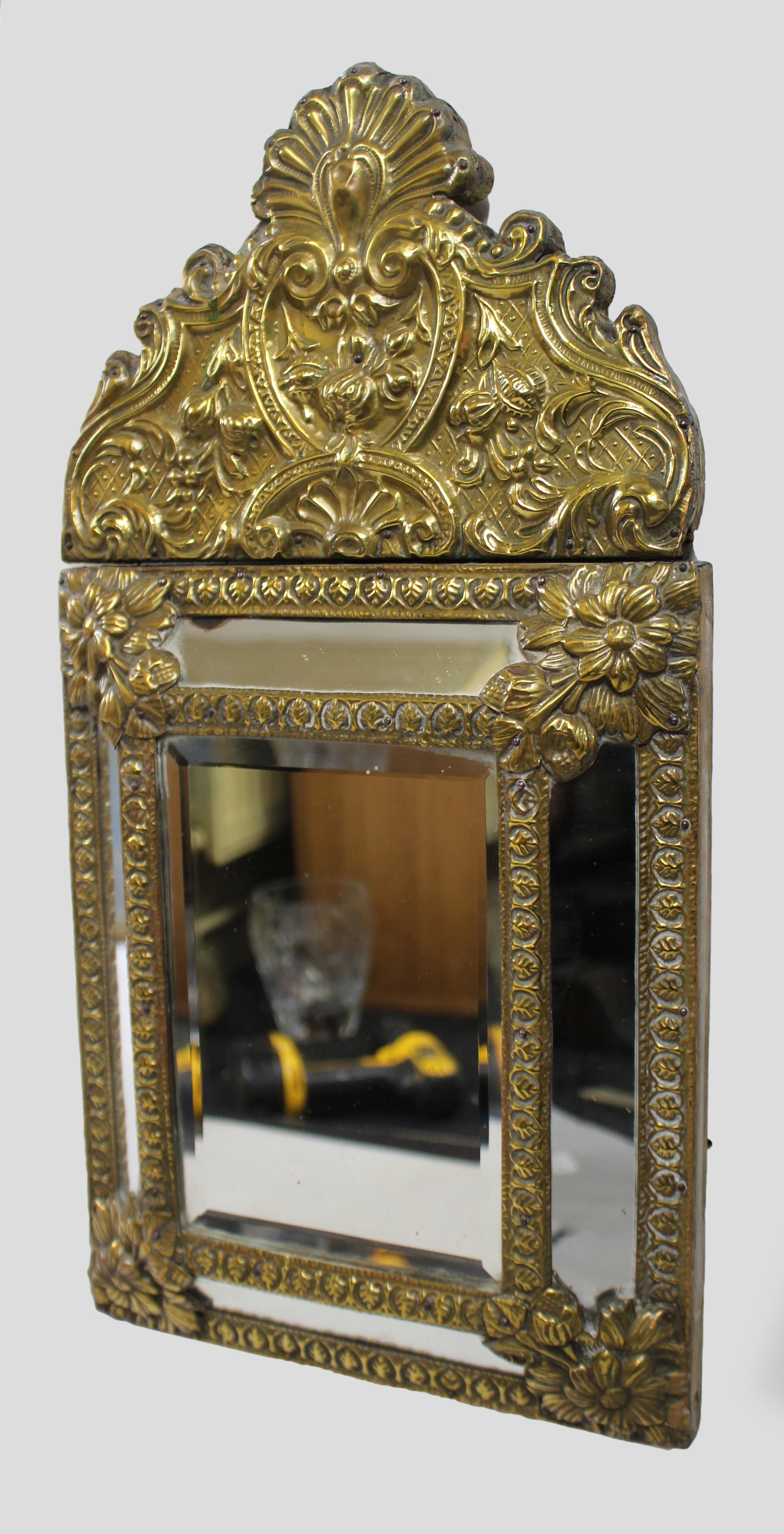 Small 19th C. French Repoussé Brass Cushion Mirror For Sale 3