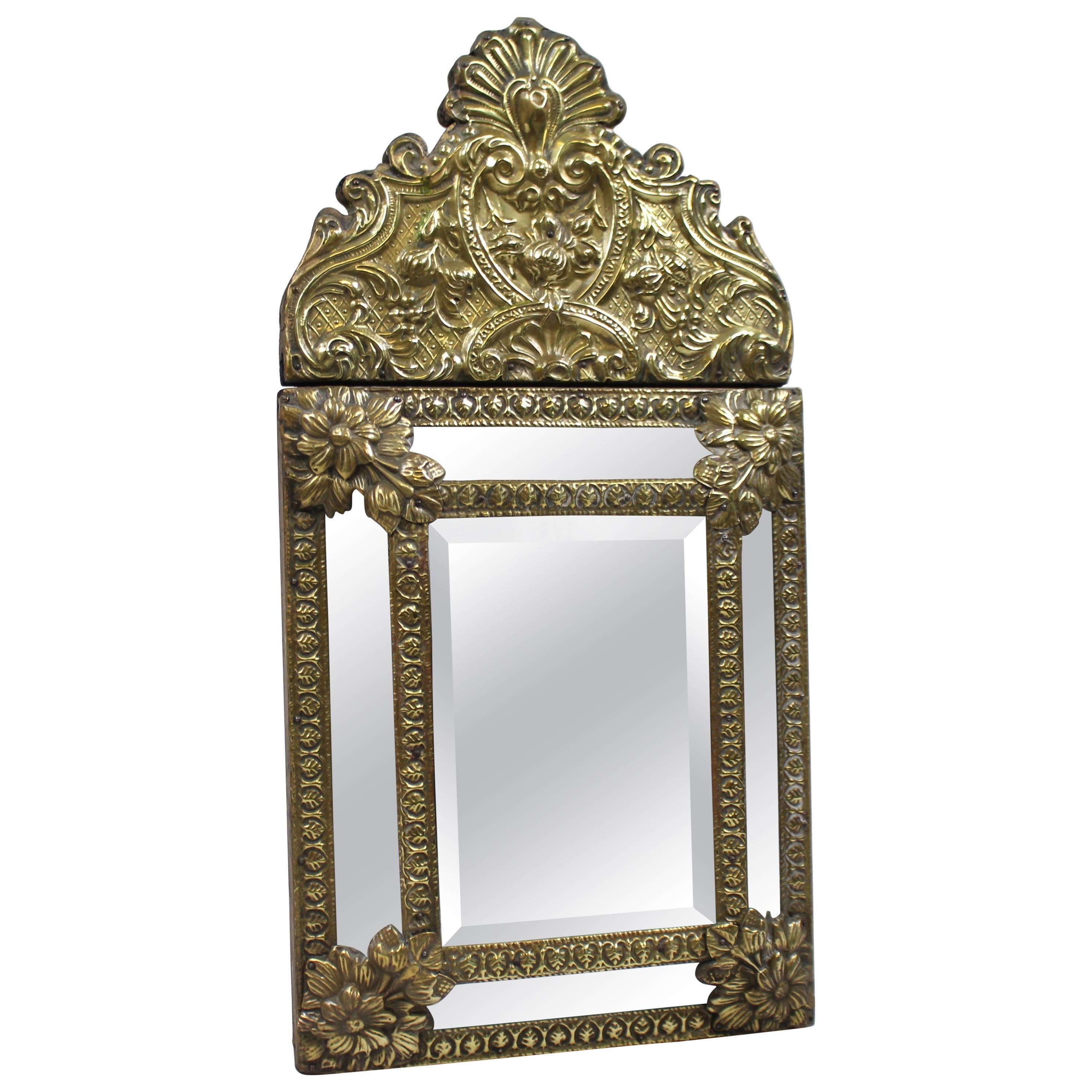Small 19th Century French Repoussé Brass Cushion Mirror For Sale