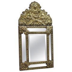 Antique Small 19th Century French Repoussé Brass Cushion Mirror