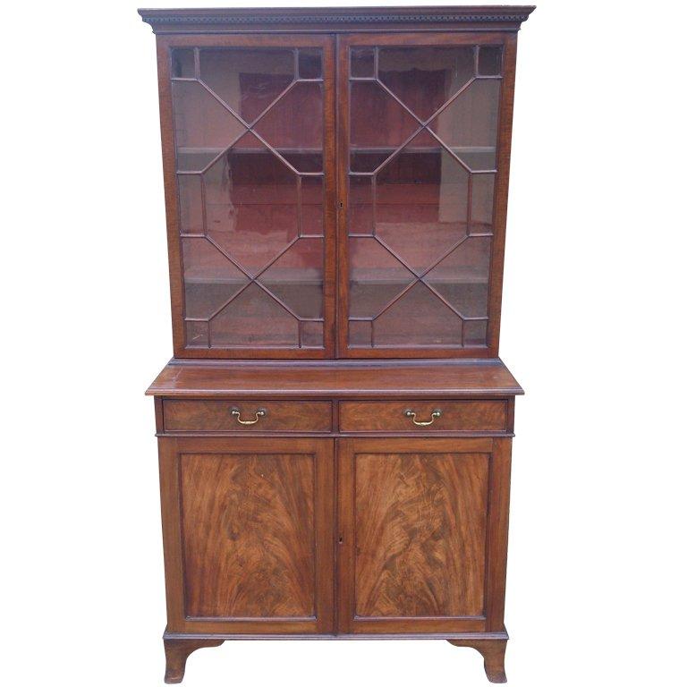 Small 19th Century Antique Bookcase with Flame Mahogany Doors