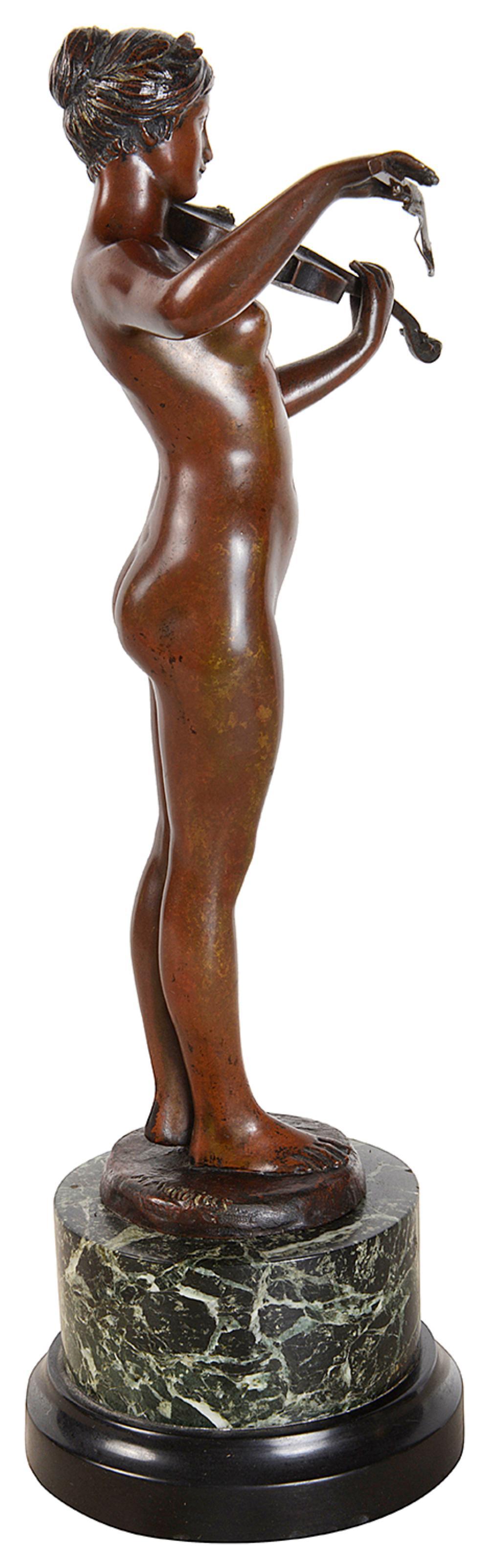 Patinated Small 19th century Bronze nude musician, 32cm For Sale