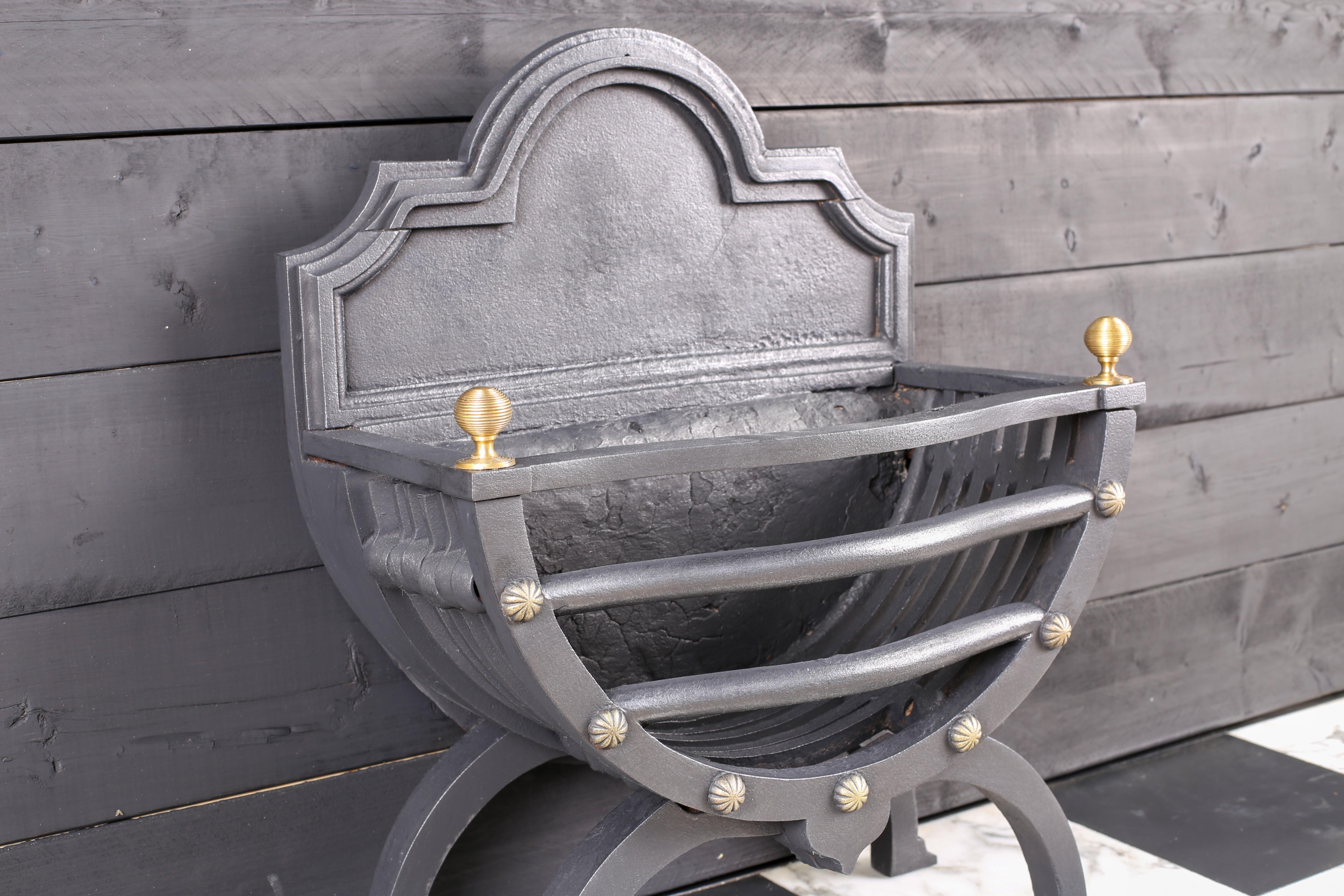 Late Victorian Small 19th Century Cast Iron Fire Basket, Elegant with Brass Decoration For Sale