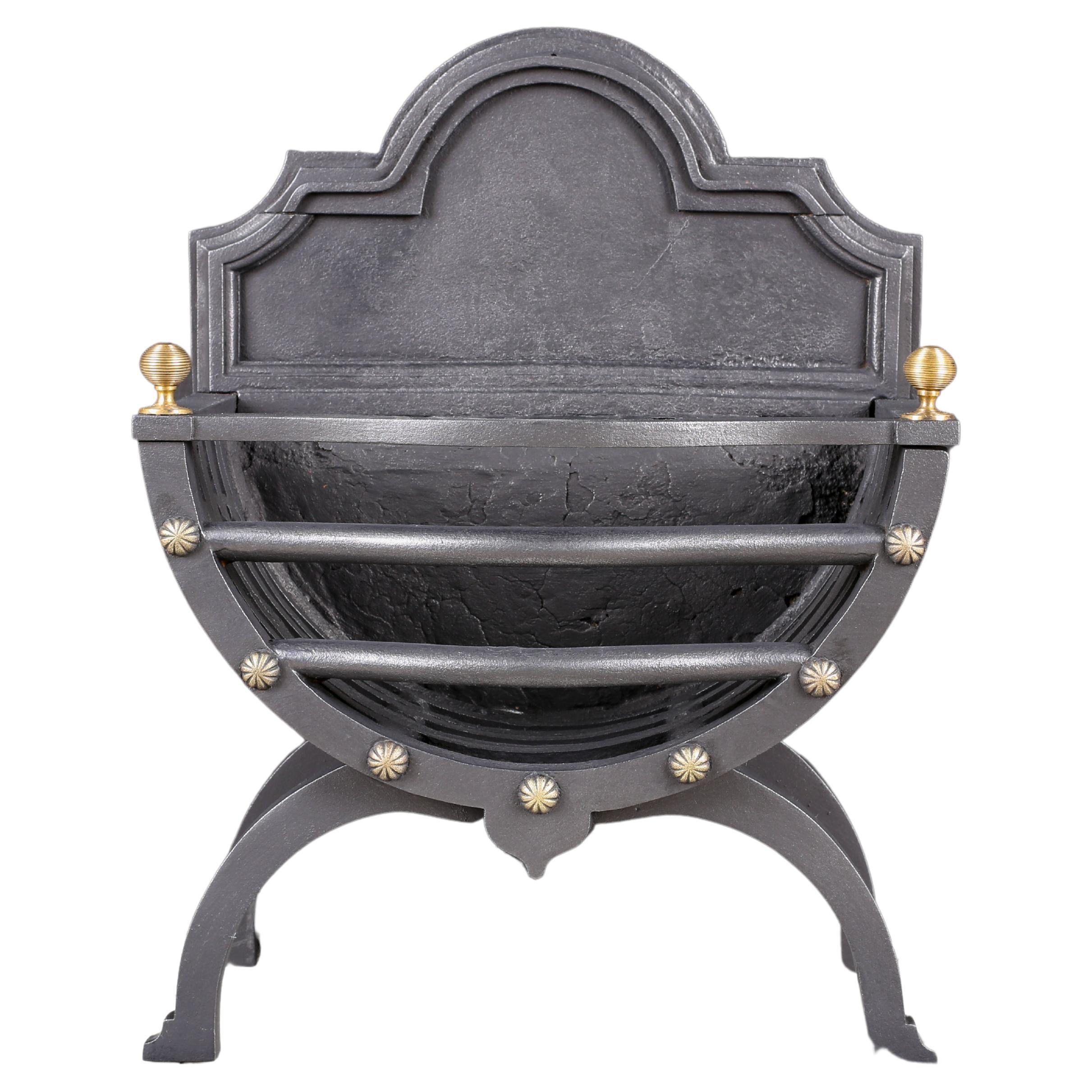 Small 19th Century Cast Iron Fire Basket, Elegant with Brass Decoration For Sale