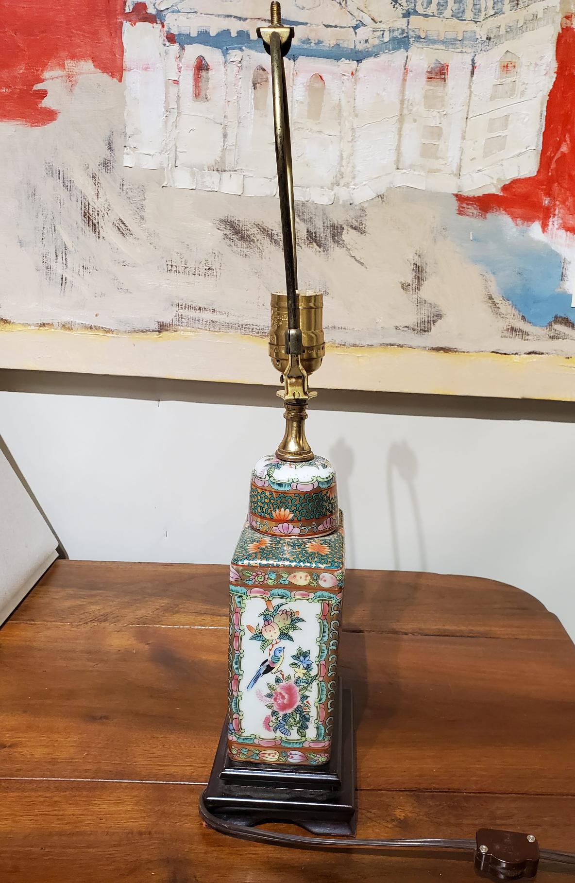 Small 19th century Chinese export urn converted to a lamp.
Measures: 19” H 5.5” W 4” D.
 
