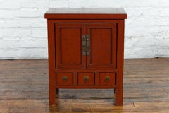 Small 19th Century Chinese Qing Dynasty Period Red Lacquer Side Cabinet