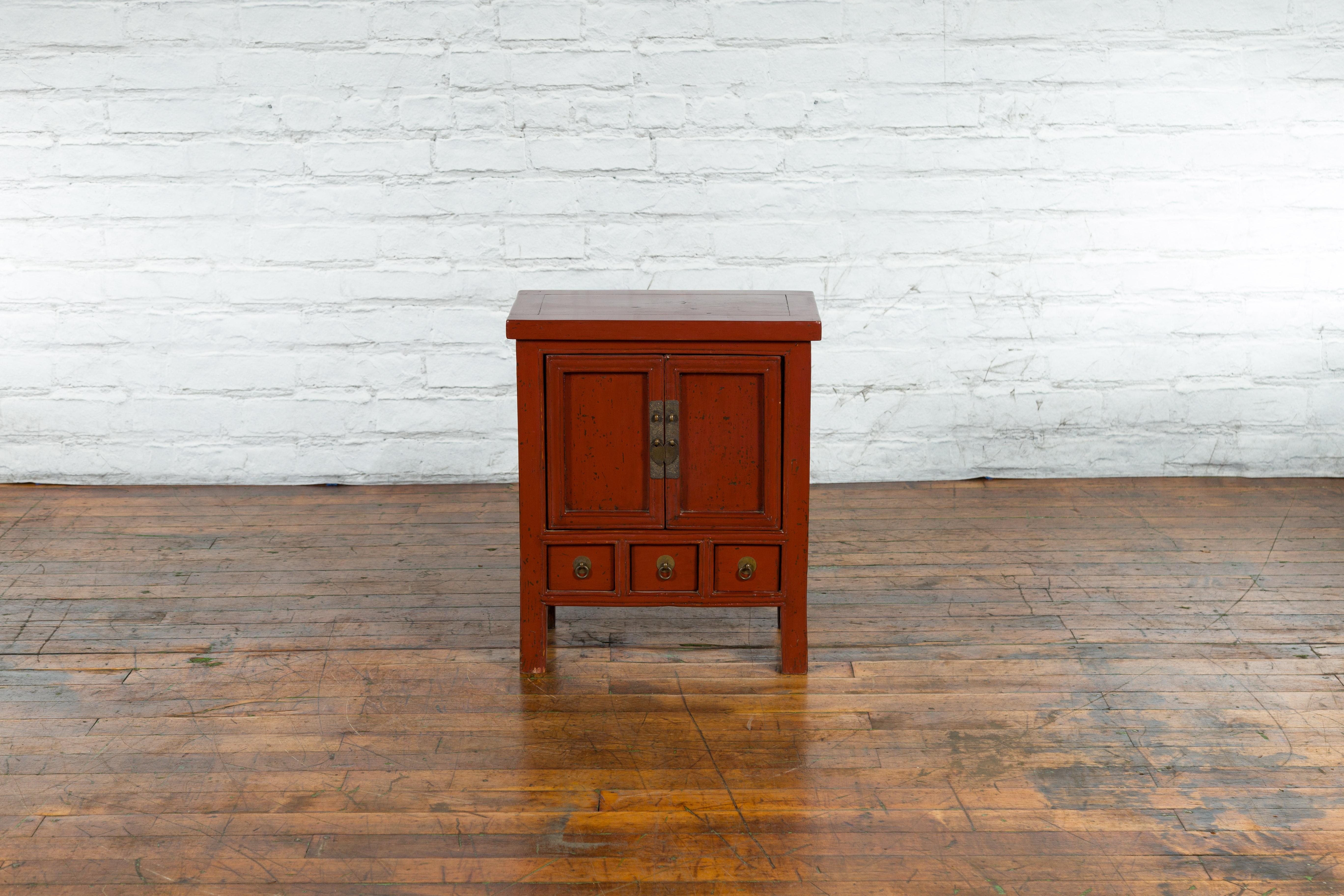 Wood Small 19th Century Chinese Qing Dynasty Period Red Lacquer Side Cabinet