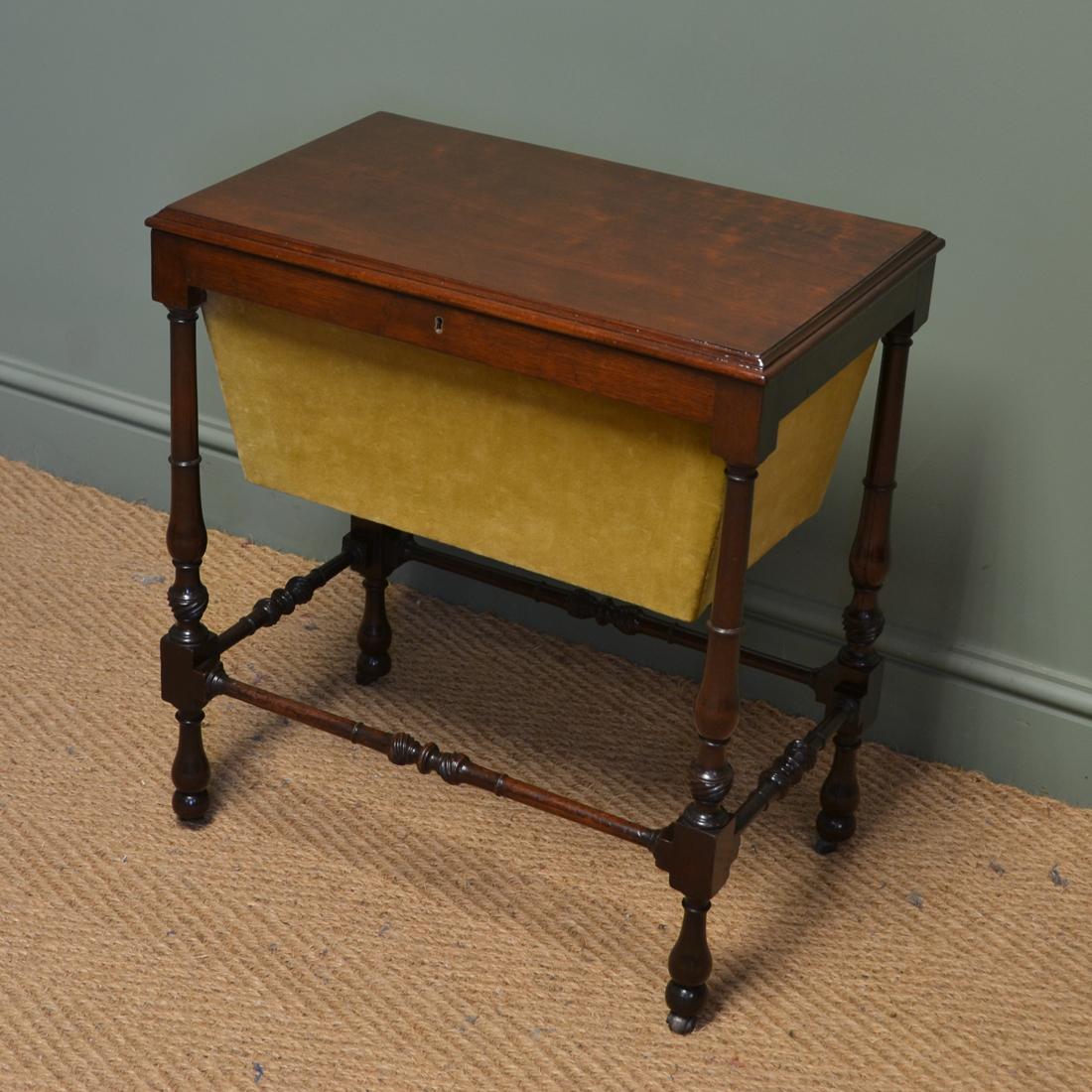 Small Edwardian mahogany antique work box / side table
This small Edwardian antique work box / side table dates from around 1900 and has a beautifully figured moulded lid that lifts up to reveal a lined interior and posses a retailers label “The
