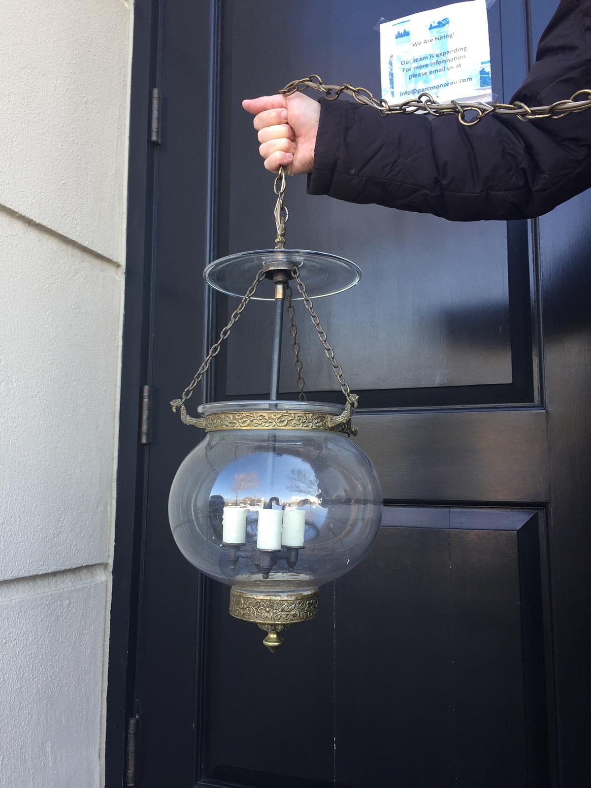 Small 19th century English glass bell jar lantern with brass and smokebell
Brand new wiring
Three lights.