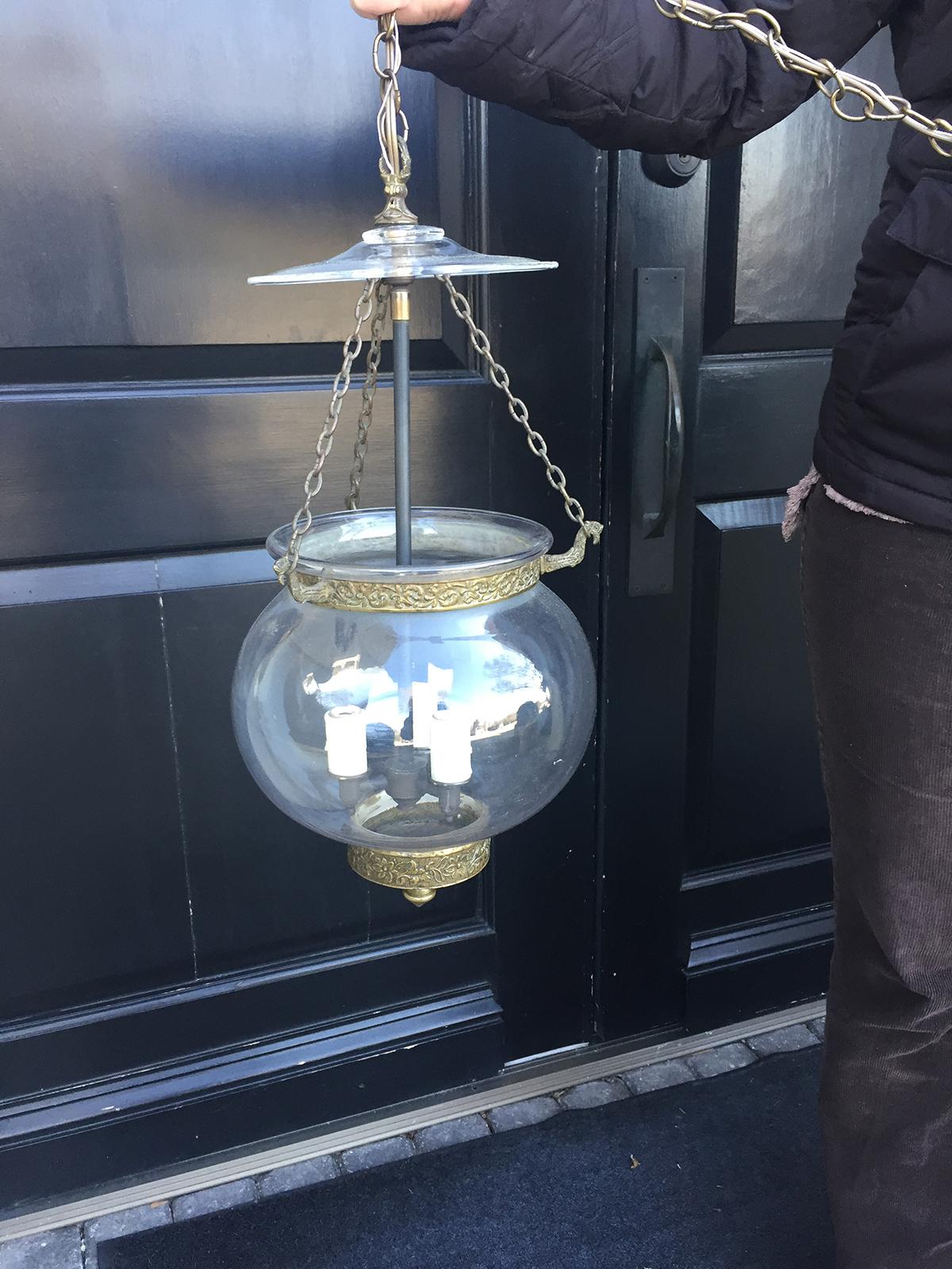Small 19th Century English Glass Bell Jar Lantern with Brass and Smokebell In Good Condition In Atlanta, GA