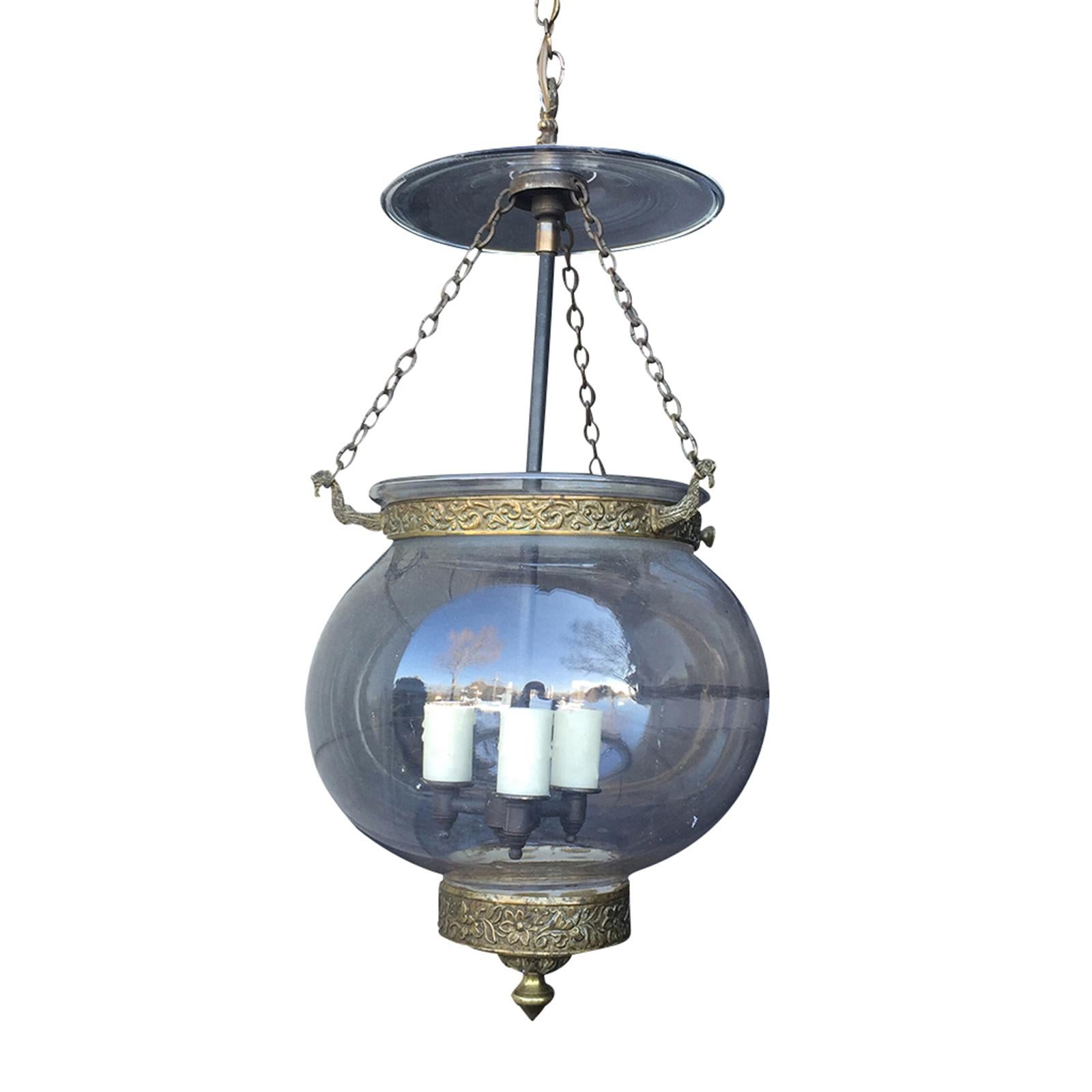 Small 19th Century English Glass Bell Jar Lantern with Brass and Smokebell