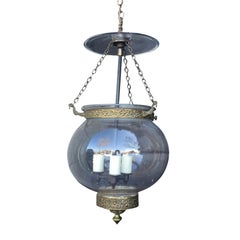 Small 19th Century English Glass Bell Jar Lantern with Brass and Smokebell