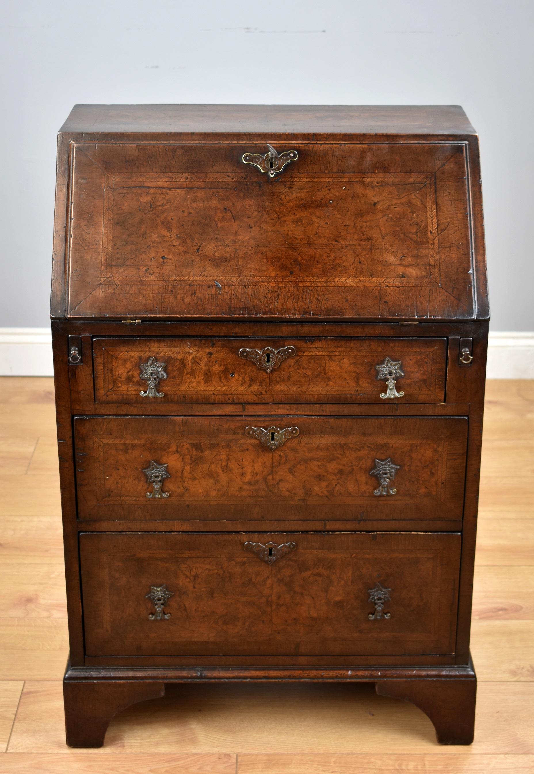 Queen Anne Small 19th Century English Victorian Burr Walnut Bureau