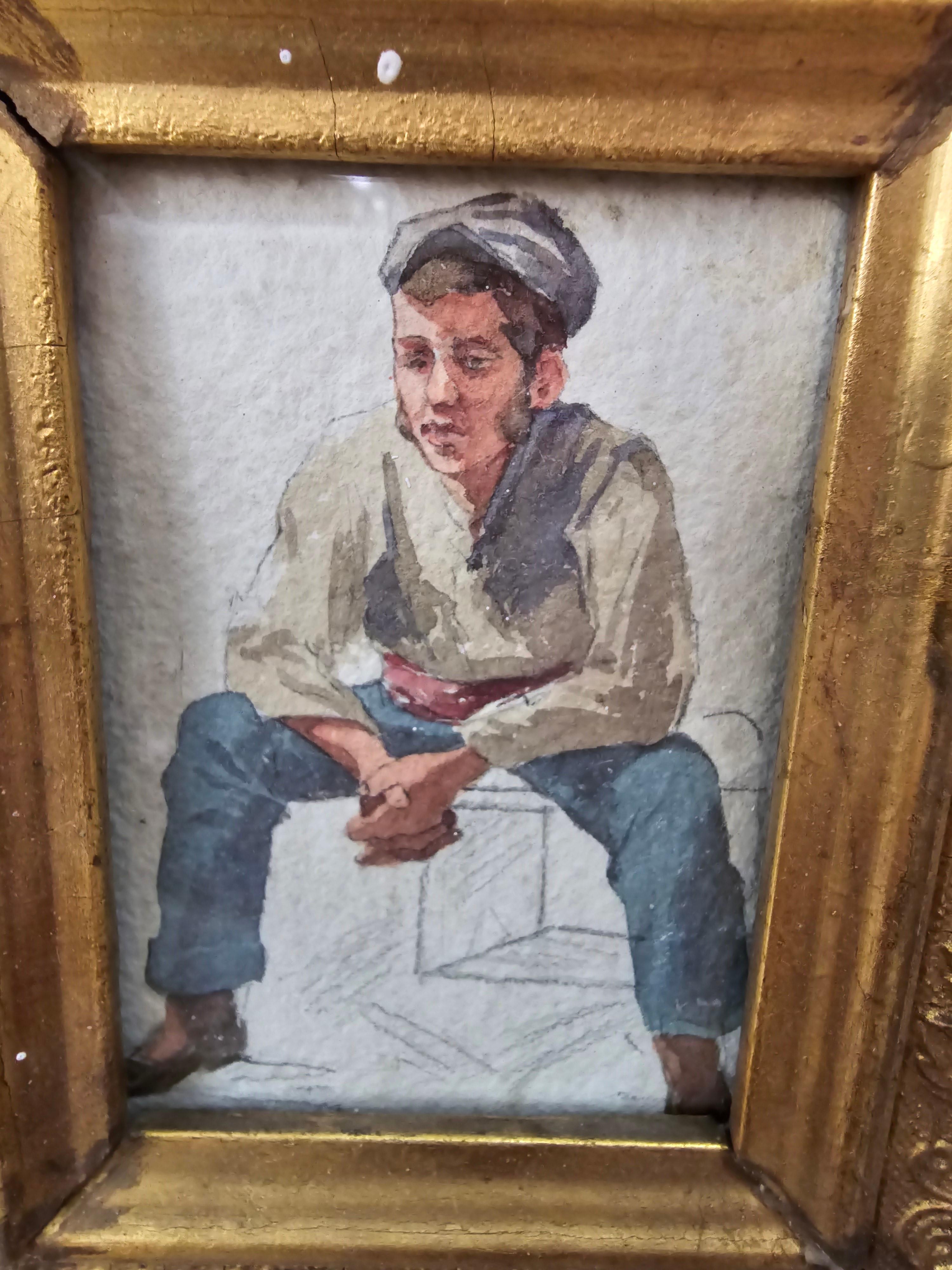 Petite aquarelle encadrée du XIXe siècle - Personnage de l'époque Bon état - En vente à Madrid, ES