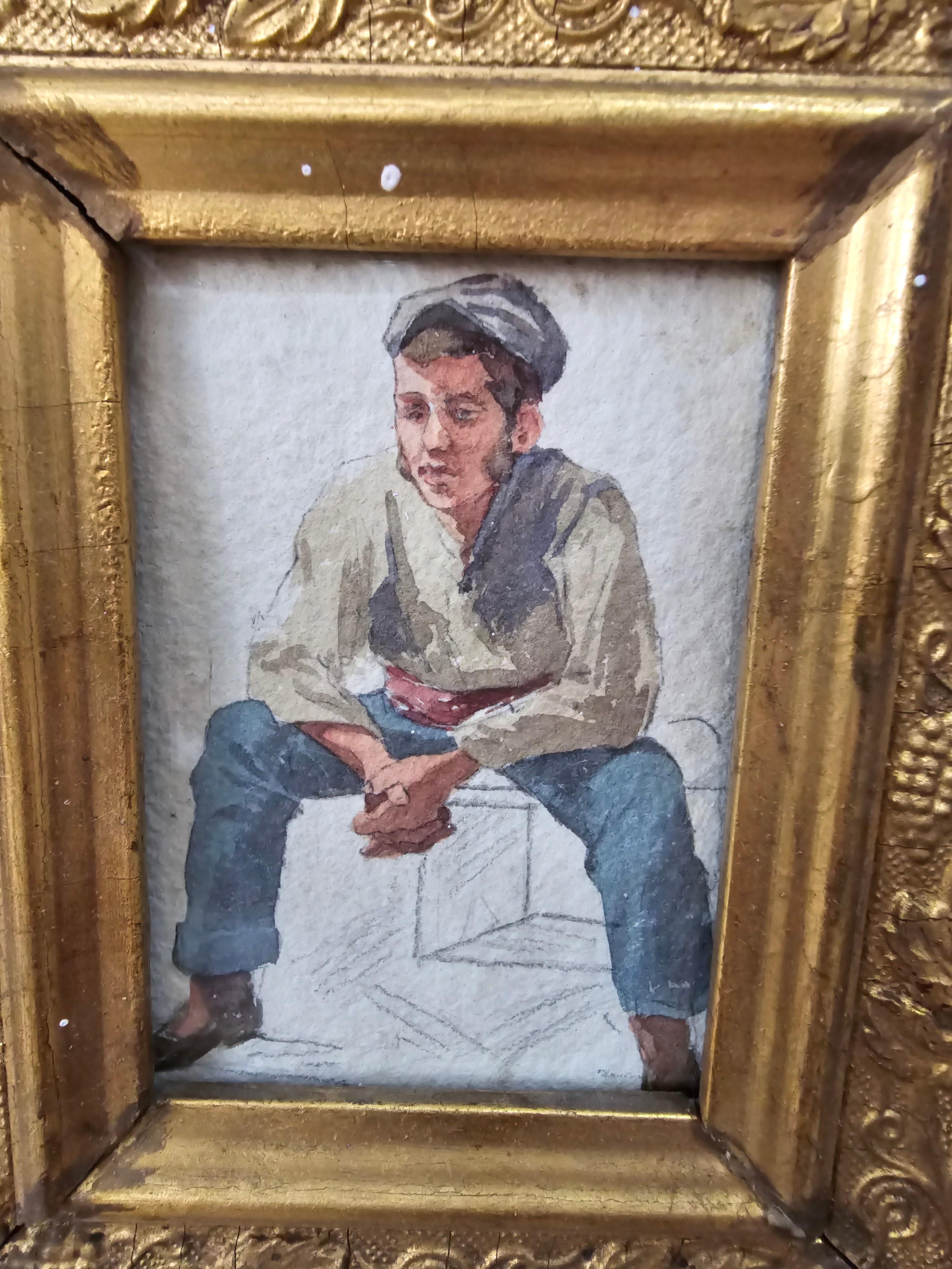 Fin du XIXe siècle Petite aquarelle encadrée du XIXe siècle - Personnage de l'époque en vente