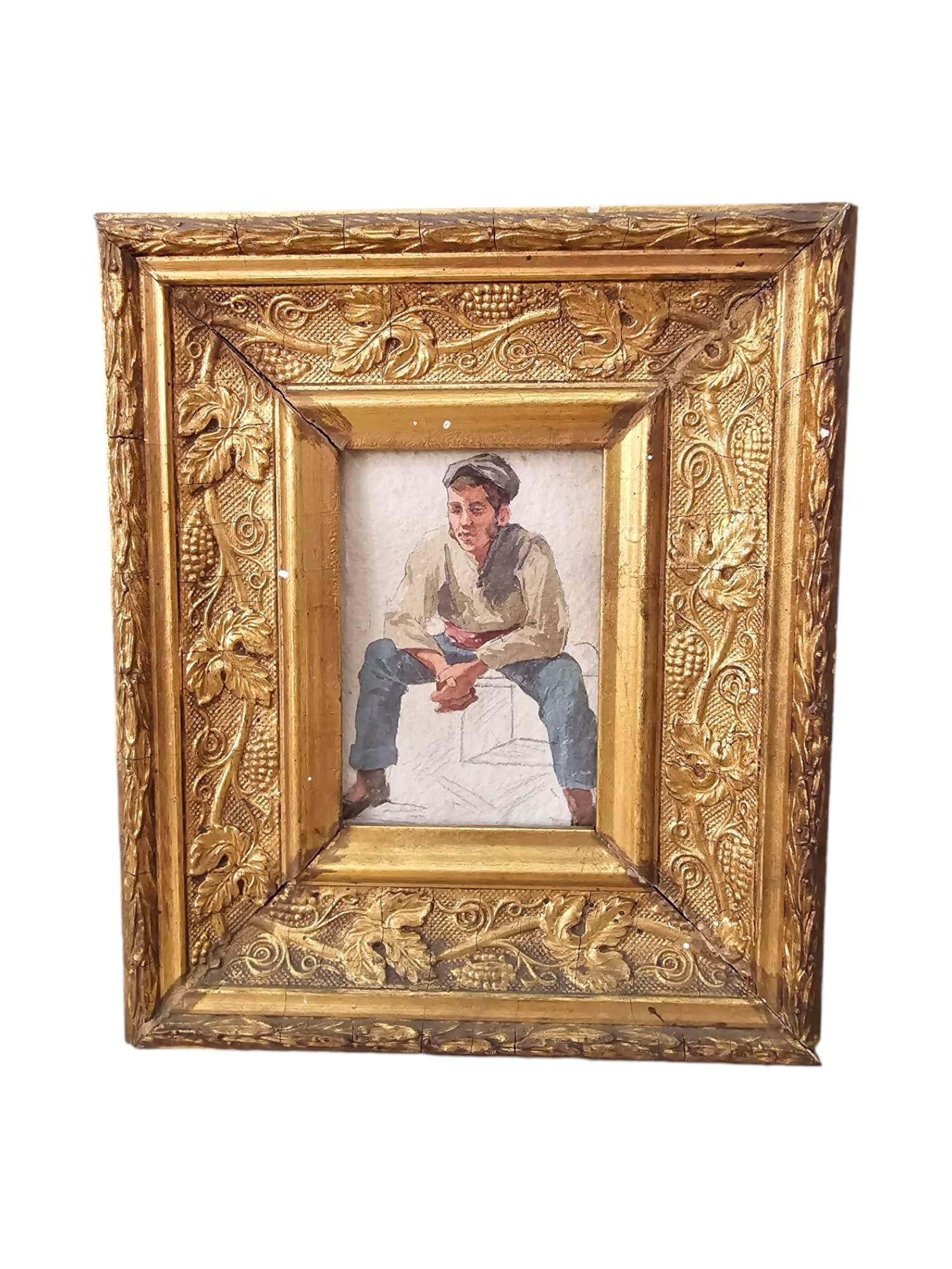 Petite aquarelle encadrée du XIXe siècle - Personnage de l'époque en vente 3