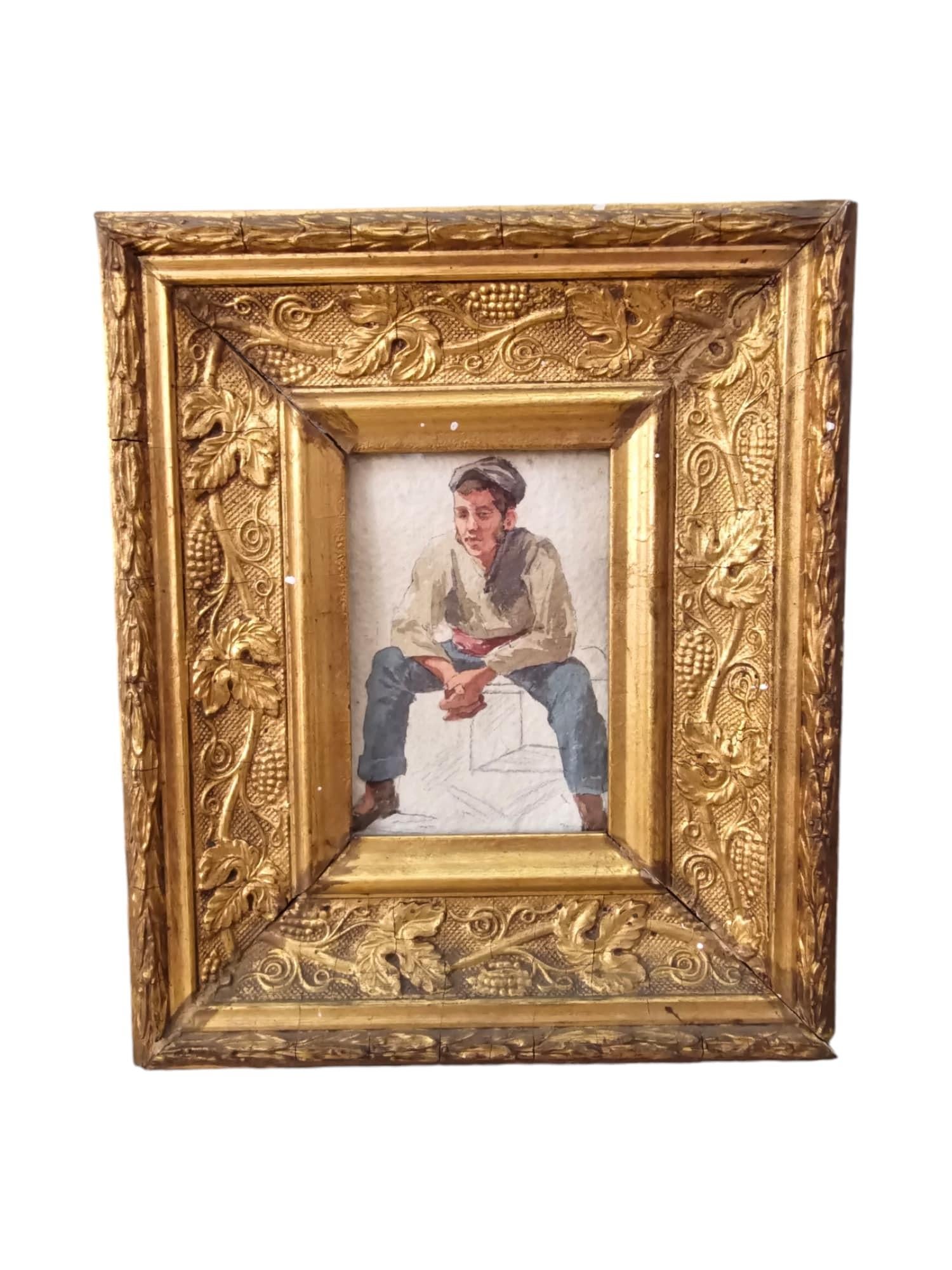 Petite aquarelle encadrée du XIXe siècle - Personnage de l'époque en vente 4