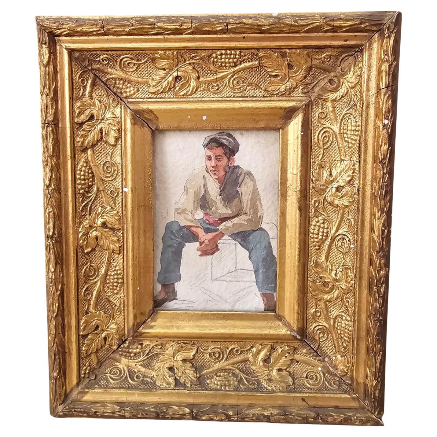 Petite aquarelle encadrée du XIXe siècle - Personnage de l'époque
