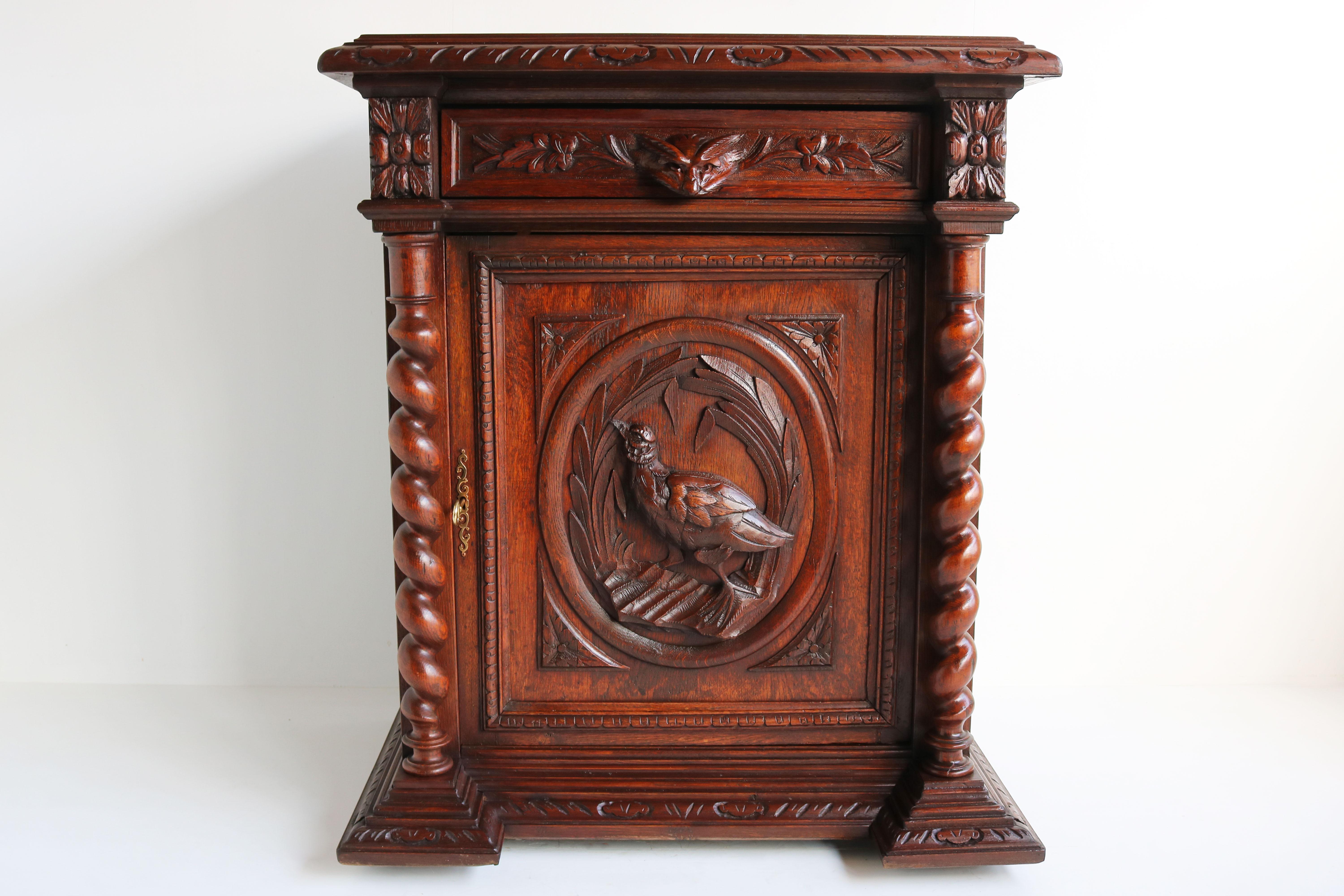 Small 19th Century French Carved Oak Hunt Cabinet Barley Twist Black Forest 10