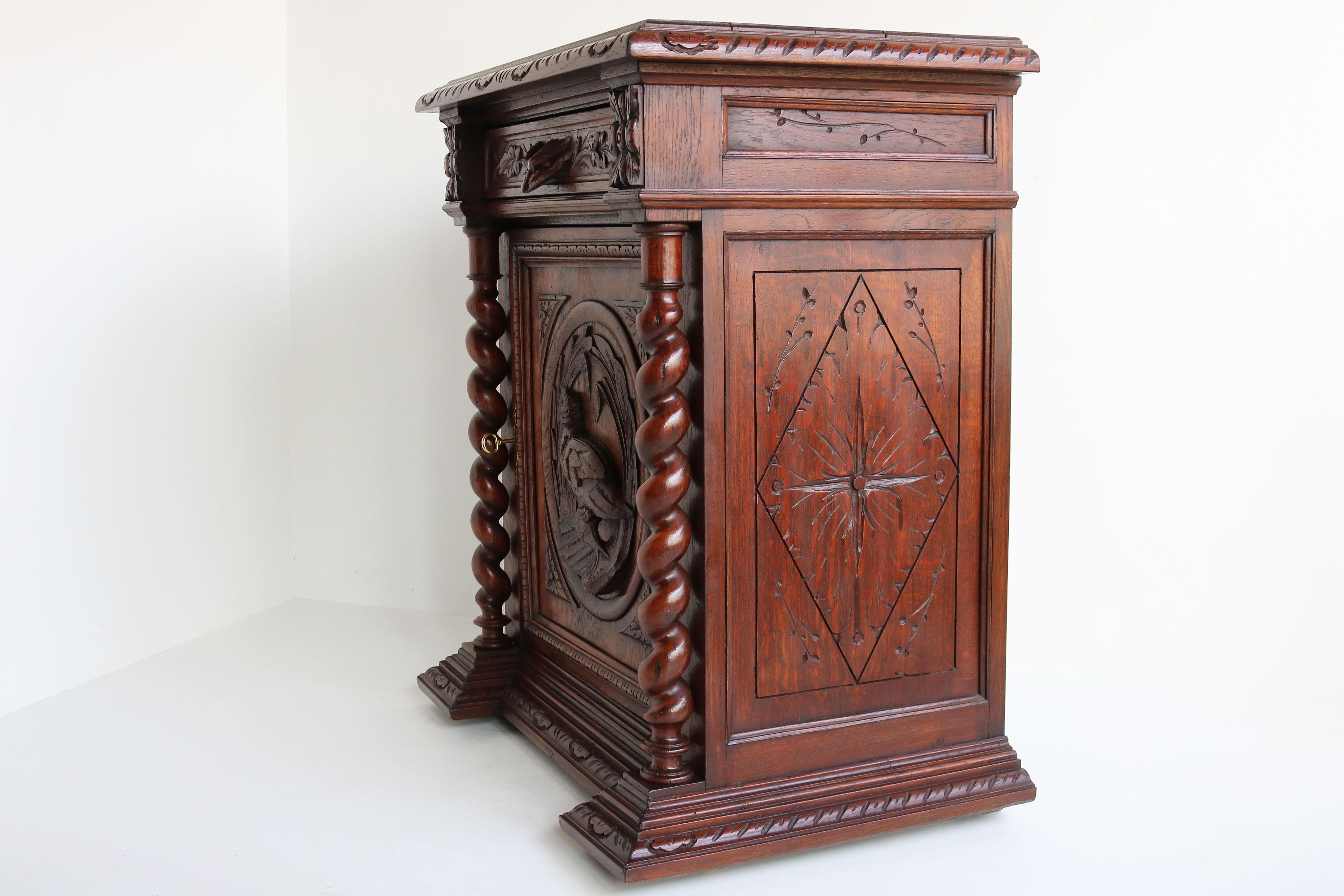 Small 19th Century French Carved Oak Hunt Cabinet Barley Twist Black Forest 1
