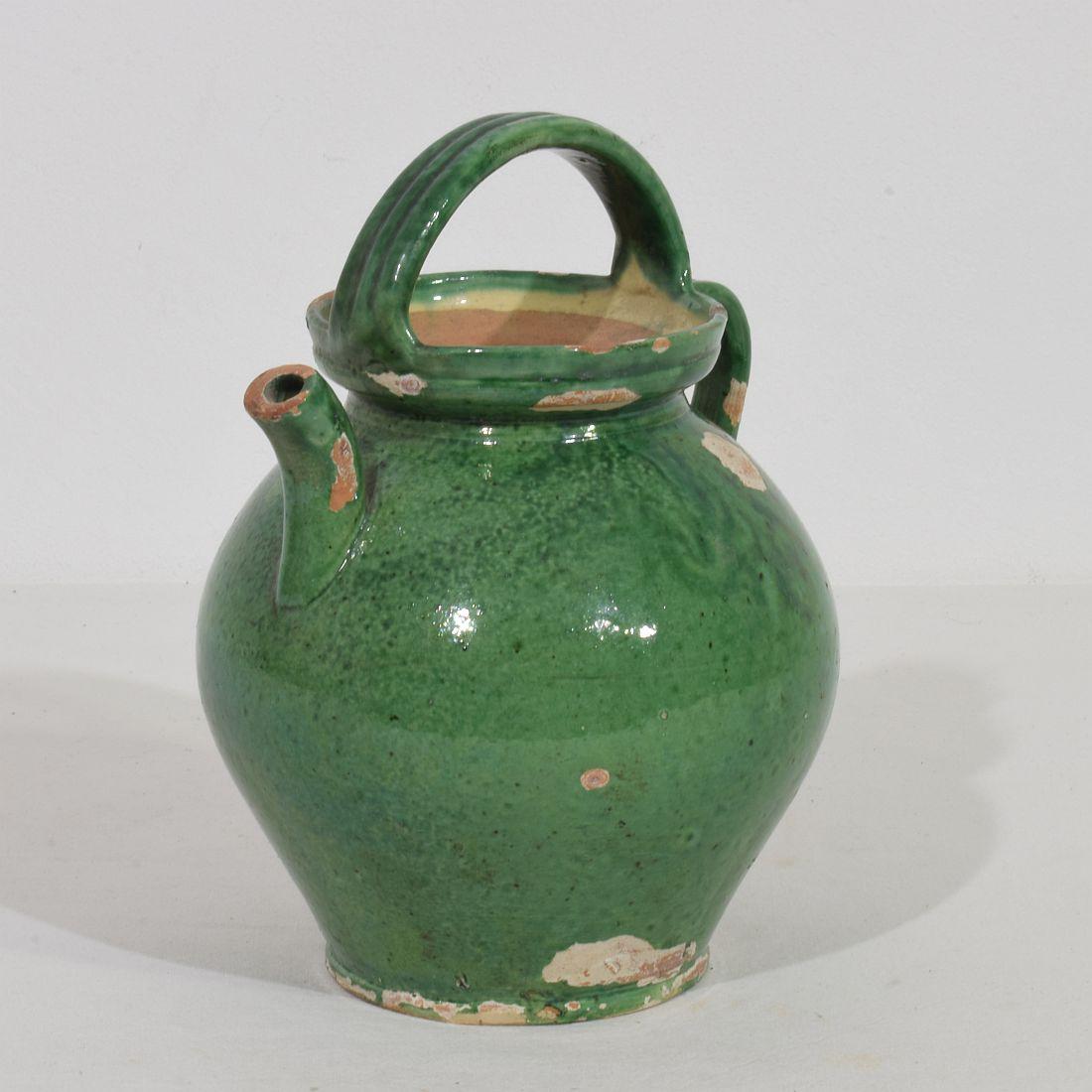 French Provincial Small 19th Century French Green Glazed Terracotta Jug or Water Cruche For Sale