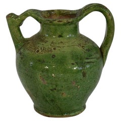 Antique Small 19th Century French Green Glazed Terracotta Jug or Water Cruche