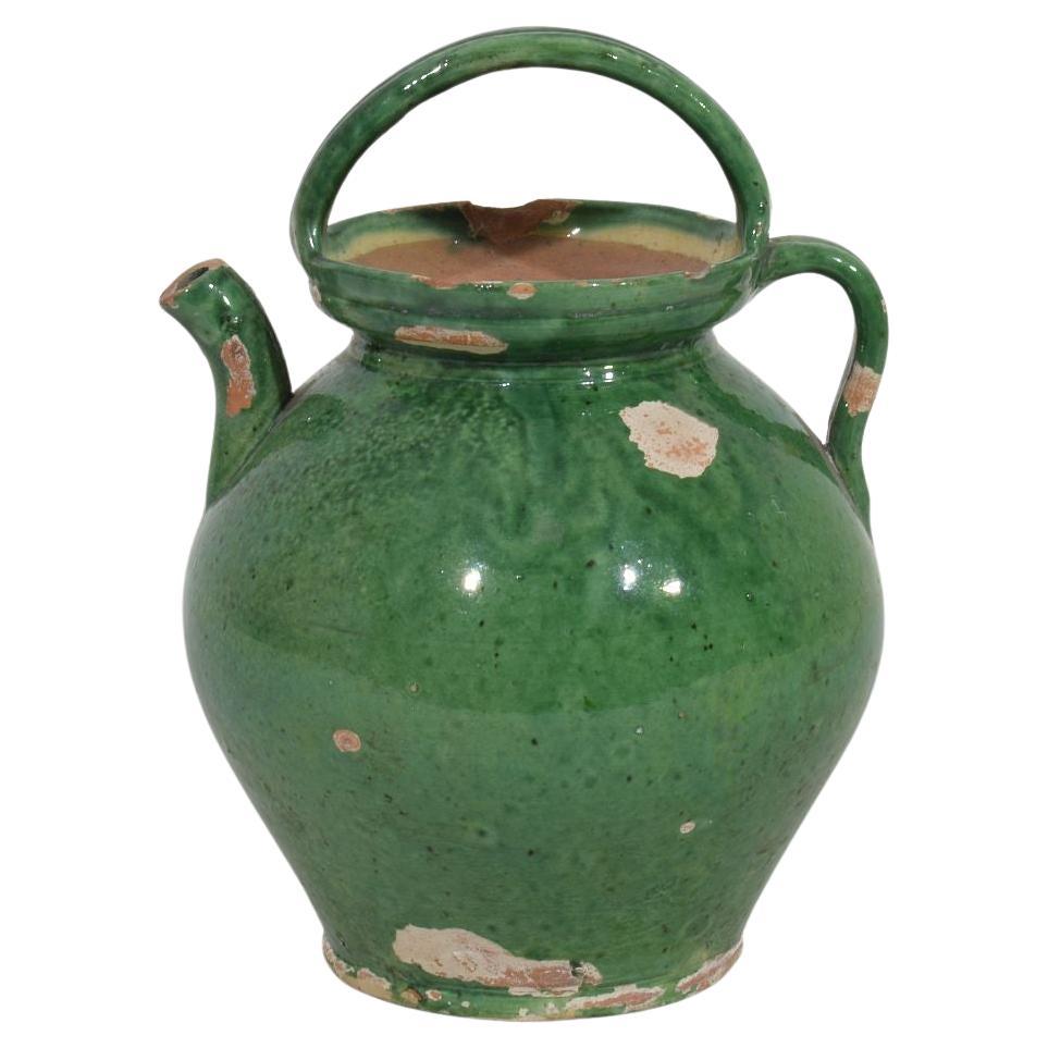 Small 19th Century French Green Glazed Terracotta Jug or Water Cruche For Sale