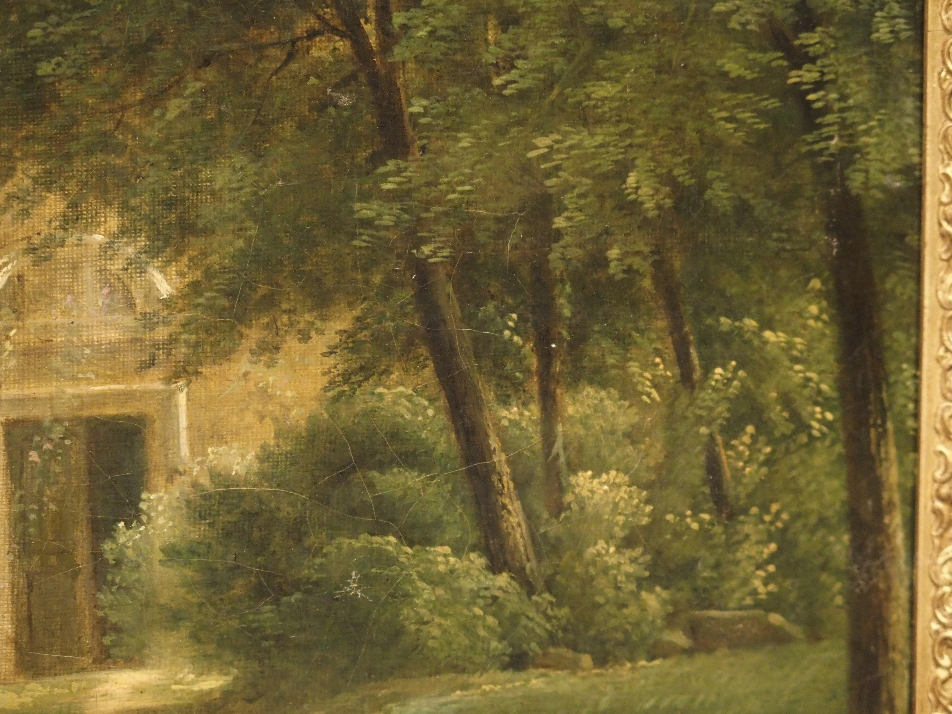 Small 19th Century French Oil Painting Depicting a Stone Chapel in a Forest 7