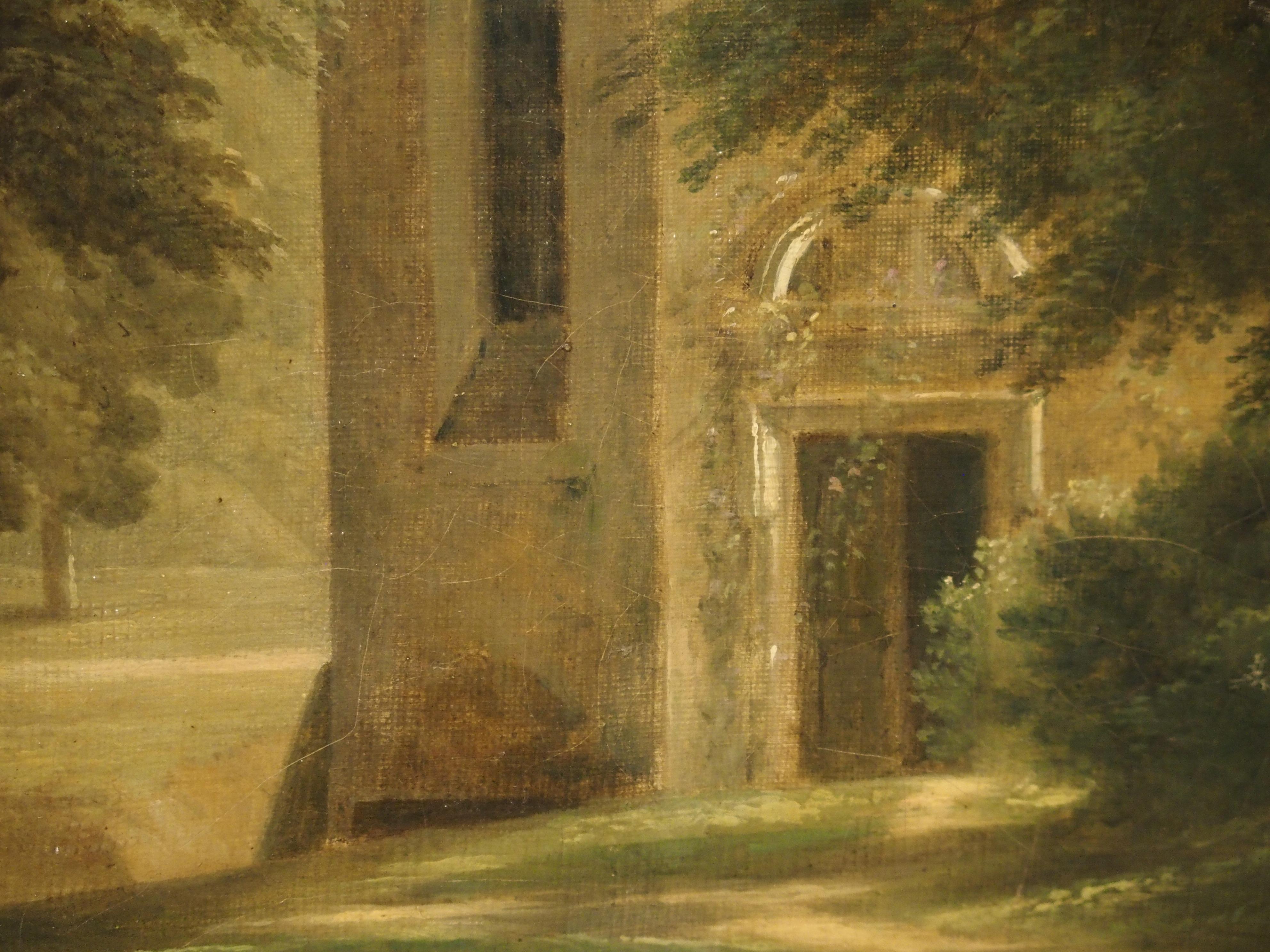 Small 19th Century French Oil Painting Depicting a Stone Chapel in a Forest 8
