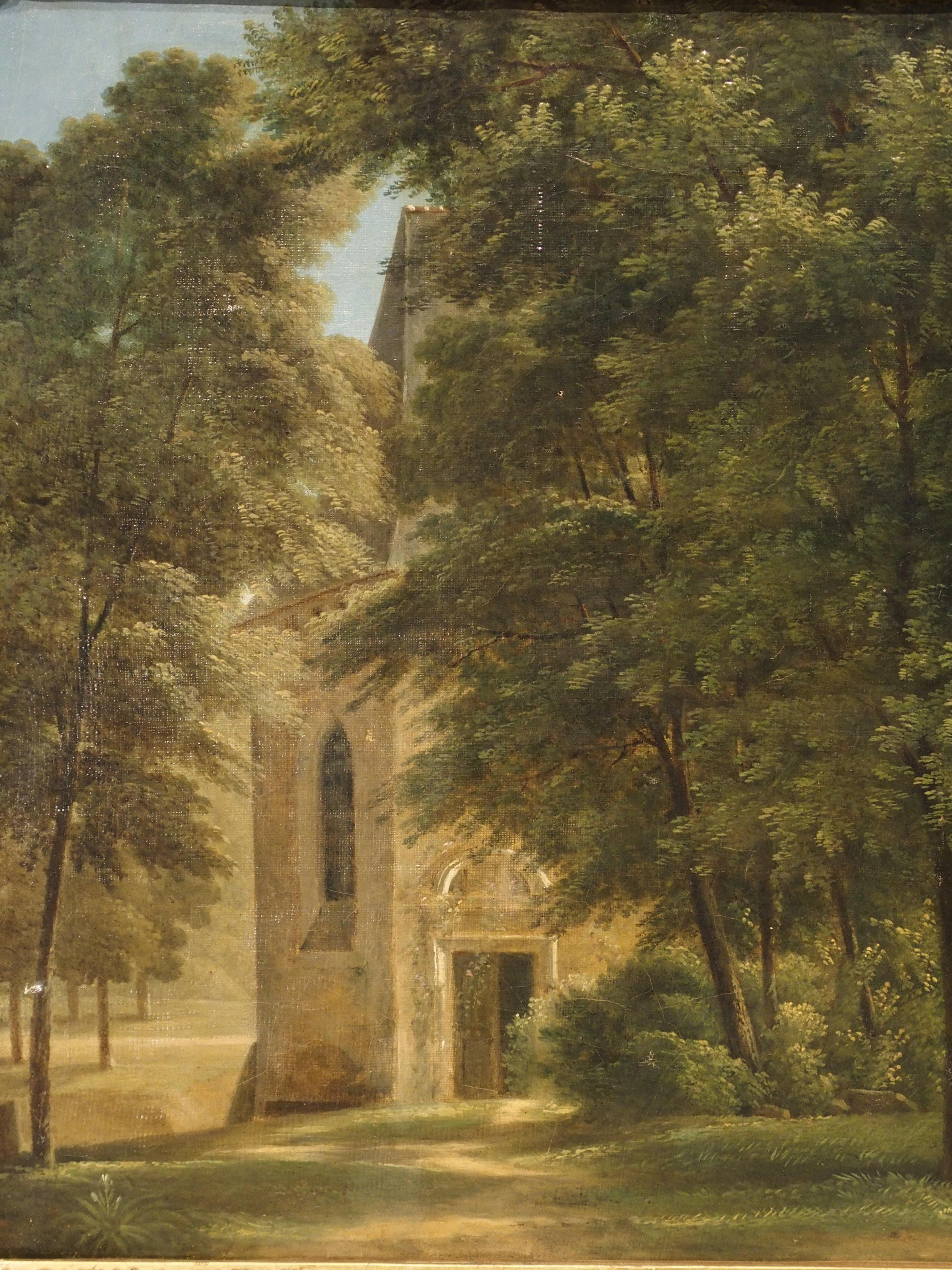 Small 19th Century French Oil Painting Depicting a Stone Chapel in a Forest 10