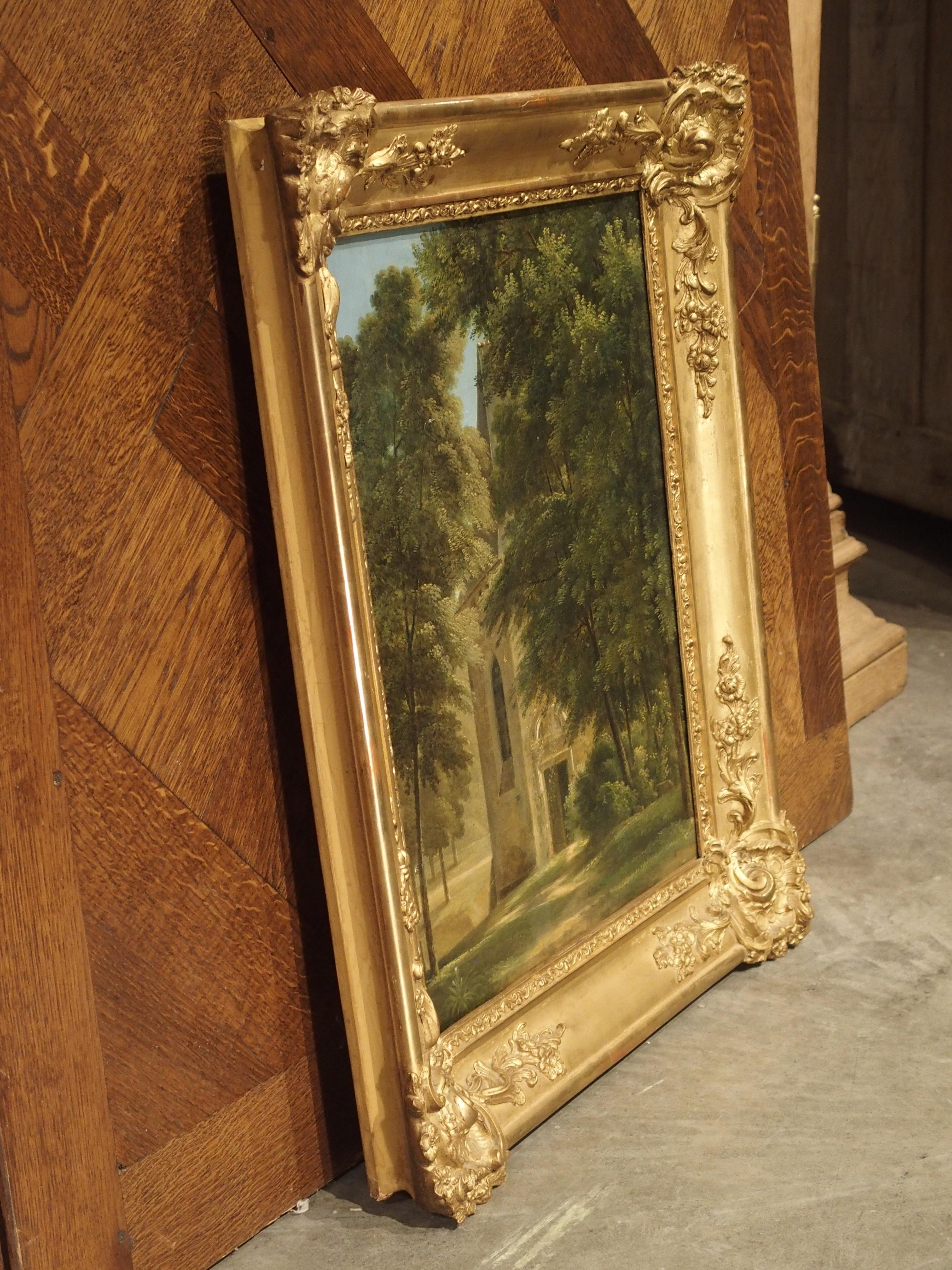 Small 19th Century French Oil Painting Depicting a Stone Chapel in a Forest 12