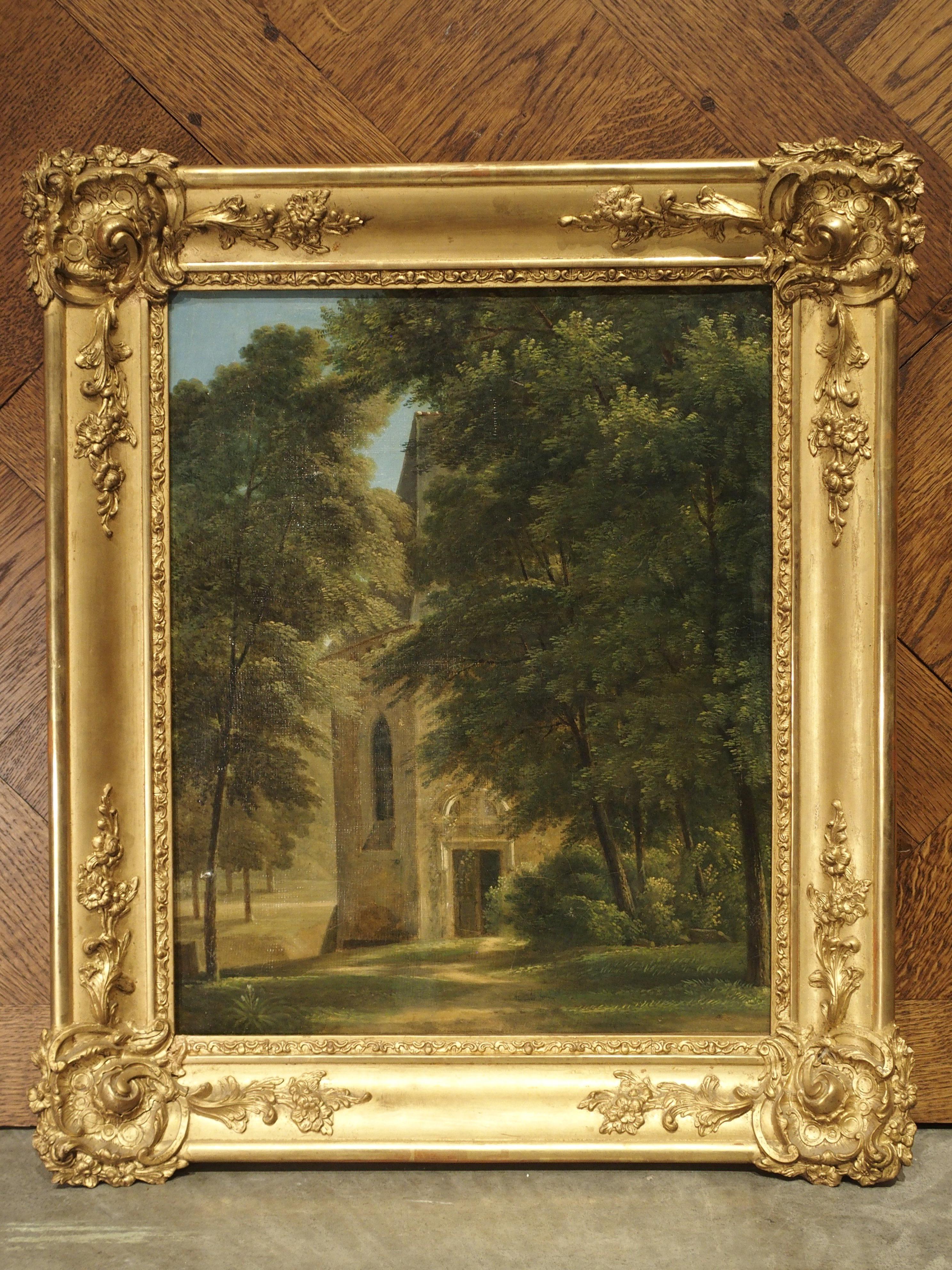 Small 19th Century French Oil Painting Depicting a Stone Chapel in a Forest 13