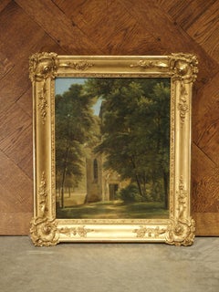 Small 19th Century French Oil Painting Depicting a Stone Chapel in a Forest