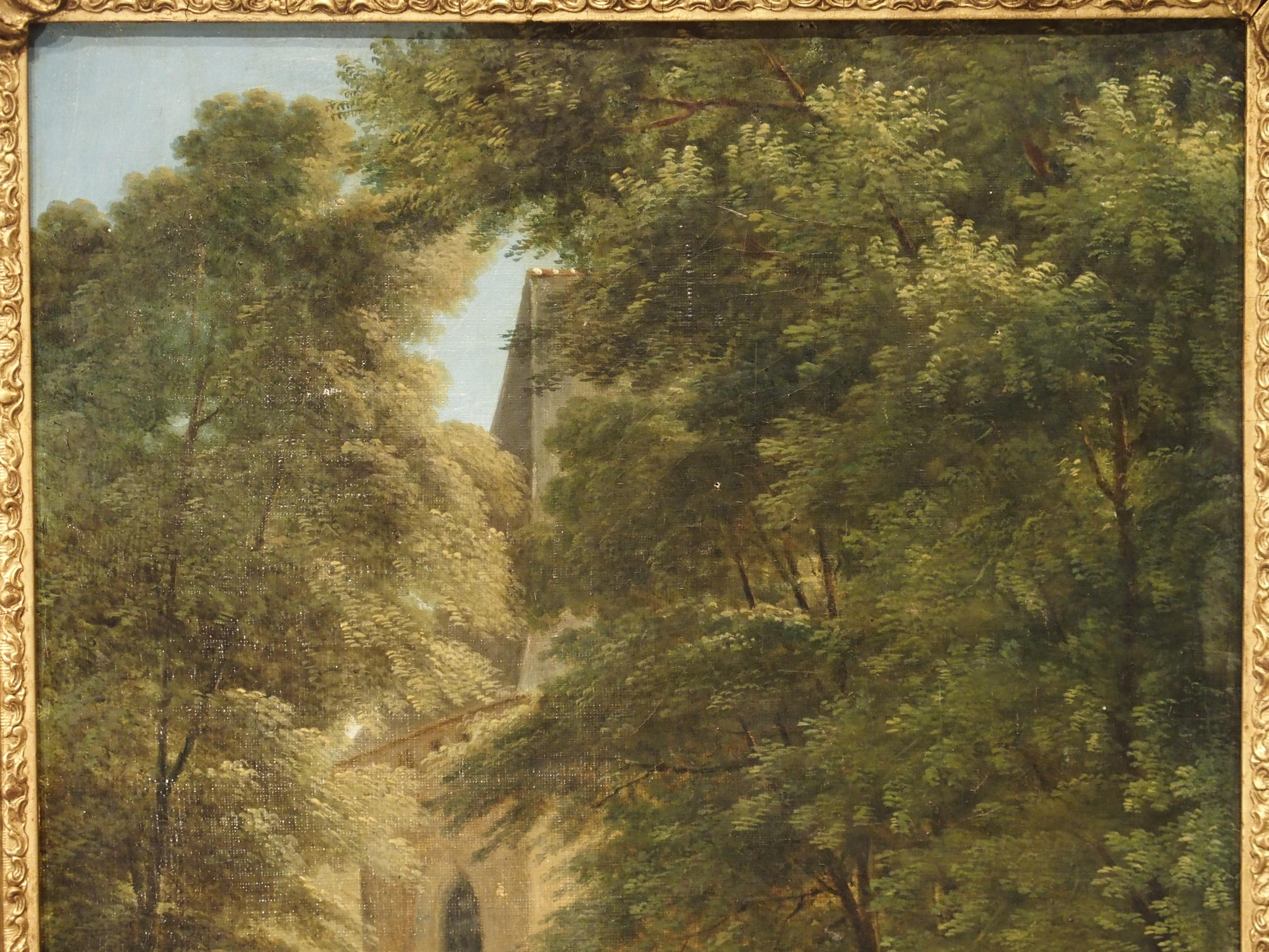 Hand-Painted Small 19th Century French Oil Painting Depicting a Stone Chapel in a Forest