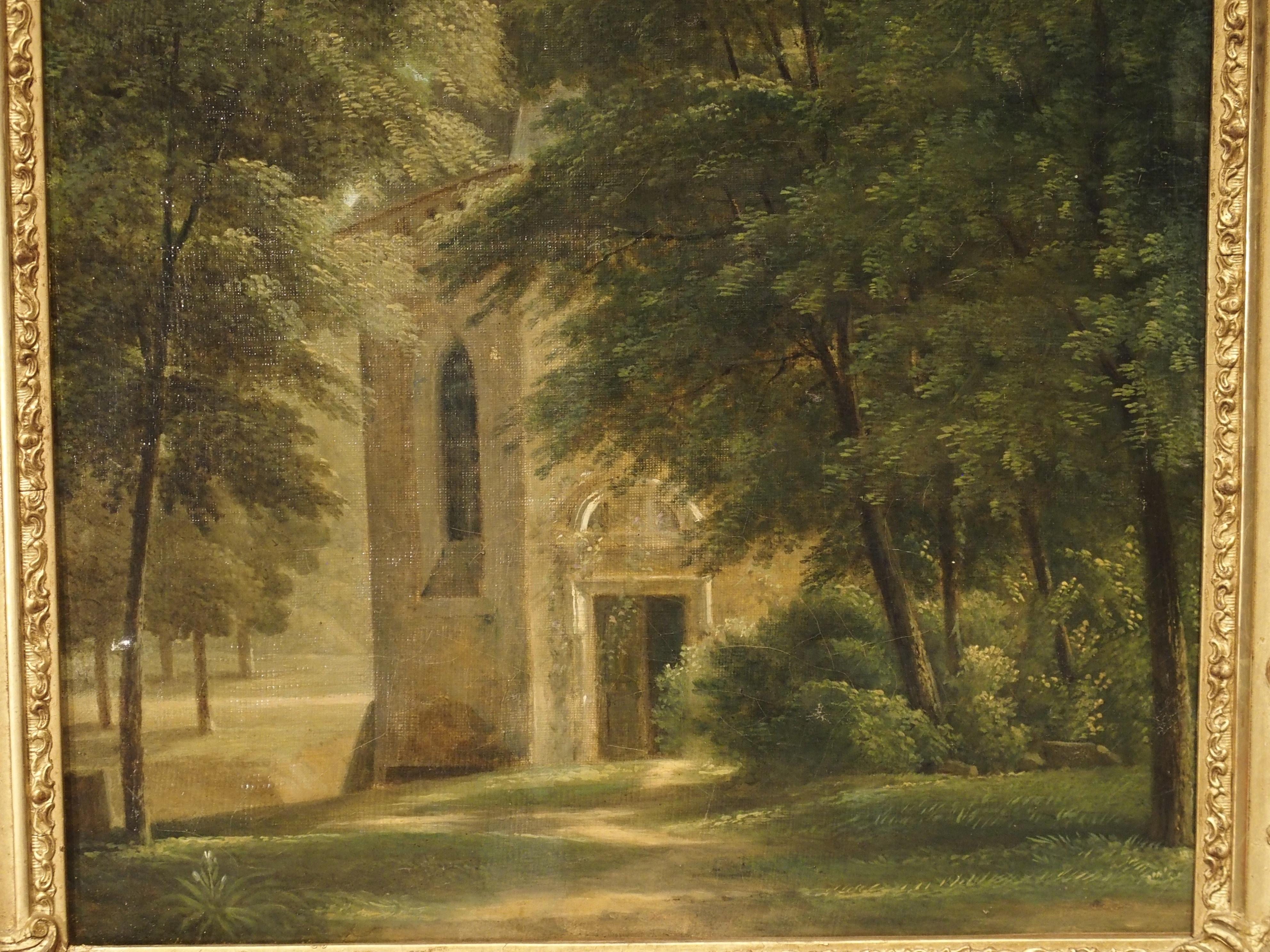 Small 19th Century French Oil Painting Depicting a Stone Chapel in a Forest In Good Condition In Dallas, TX