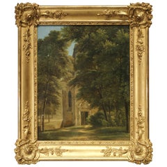 Small 19th Century French Oil Painting Depicting a Stone Chapel in a Forest