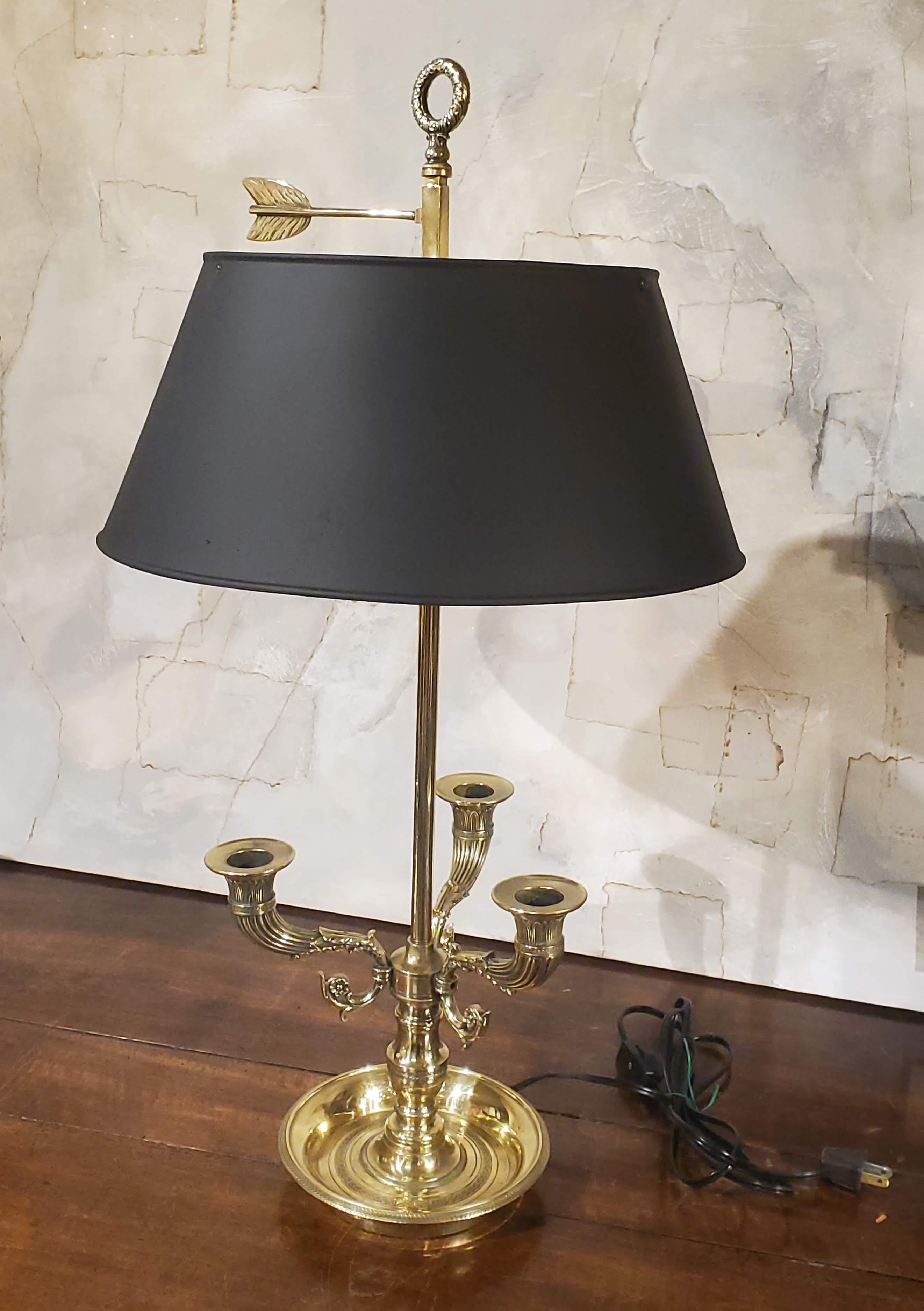 Early 19th Century French Provincial Bouillotte Lamp. In excellent condition with the original Tole shade. South of France, circa 1830.
Measures: 26” High   14” Diameter
