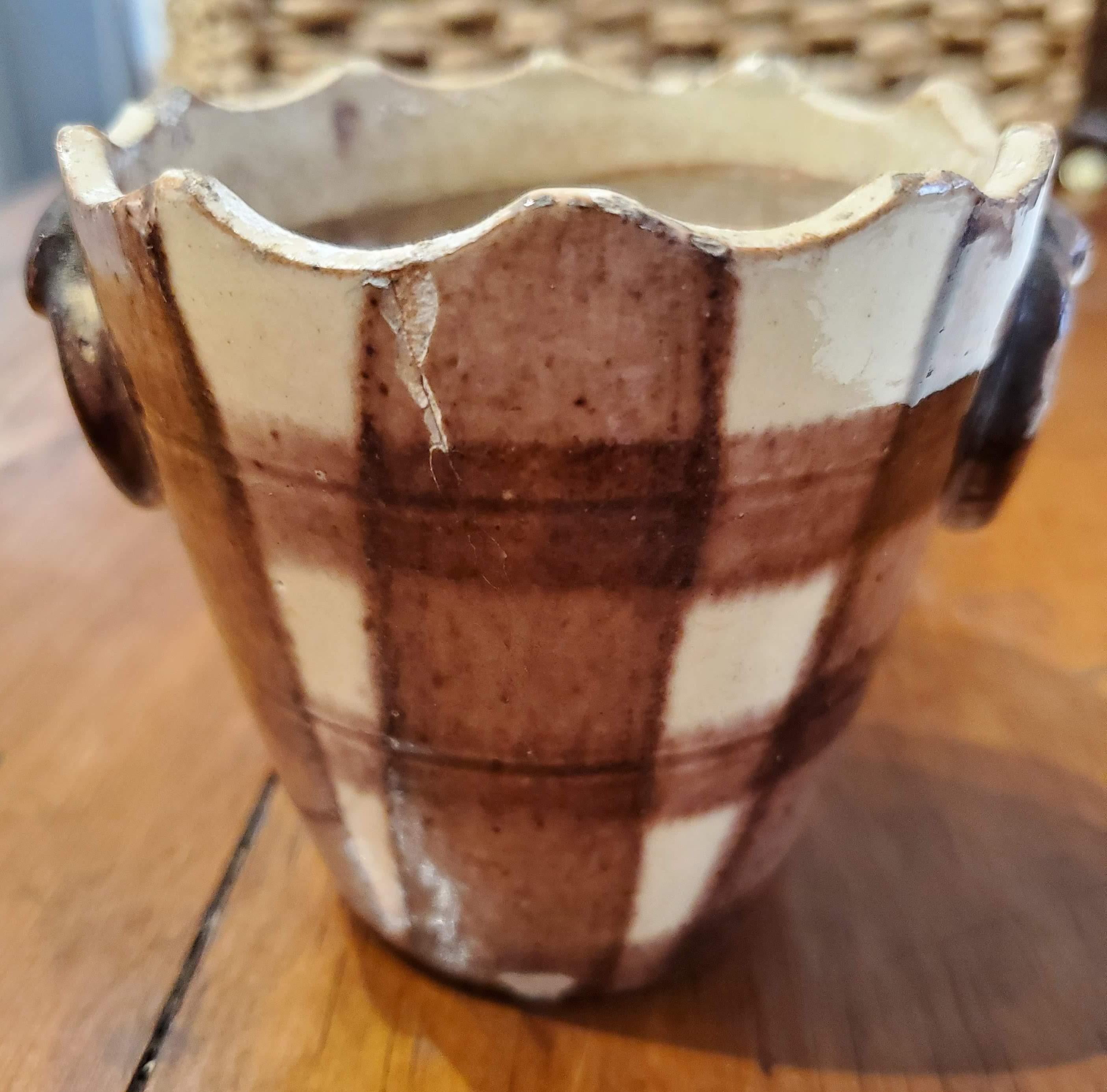 Small 19th Century French Provincial Brown and Cream Gingham Cache Pot In Good Condition In Middleburg, VA
