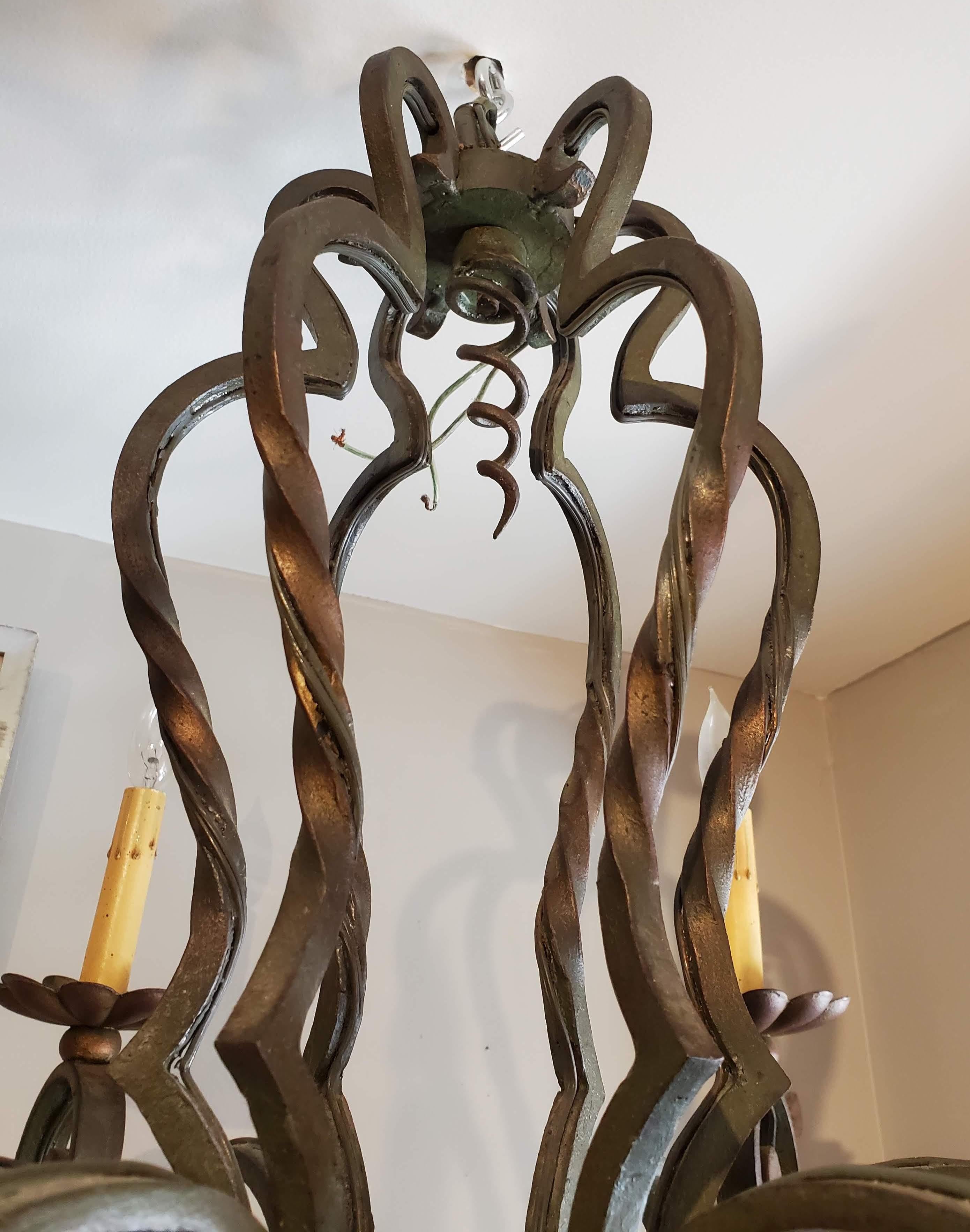Small 19th Century French Provincial Patinated Wrought Iron Chandelier 4