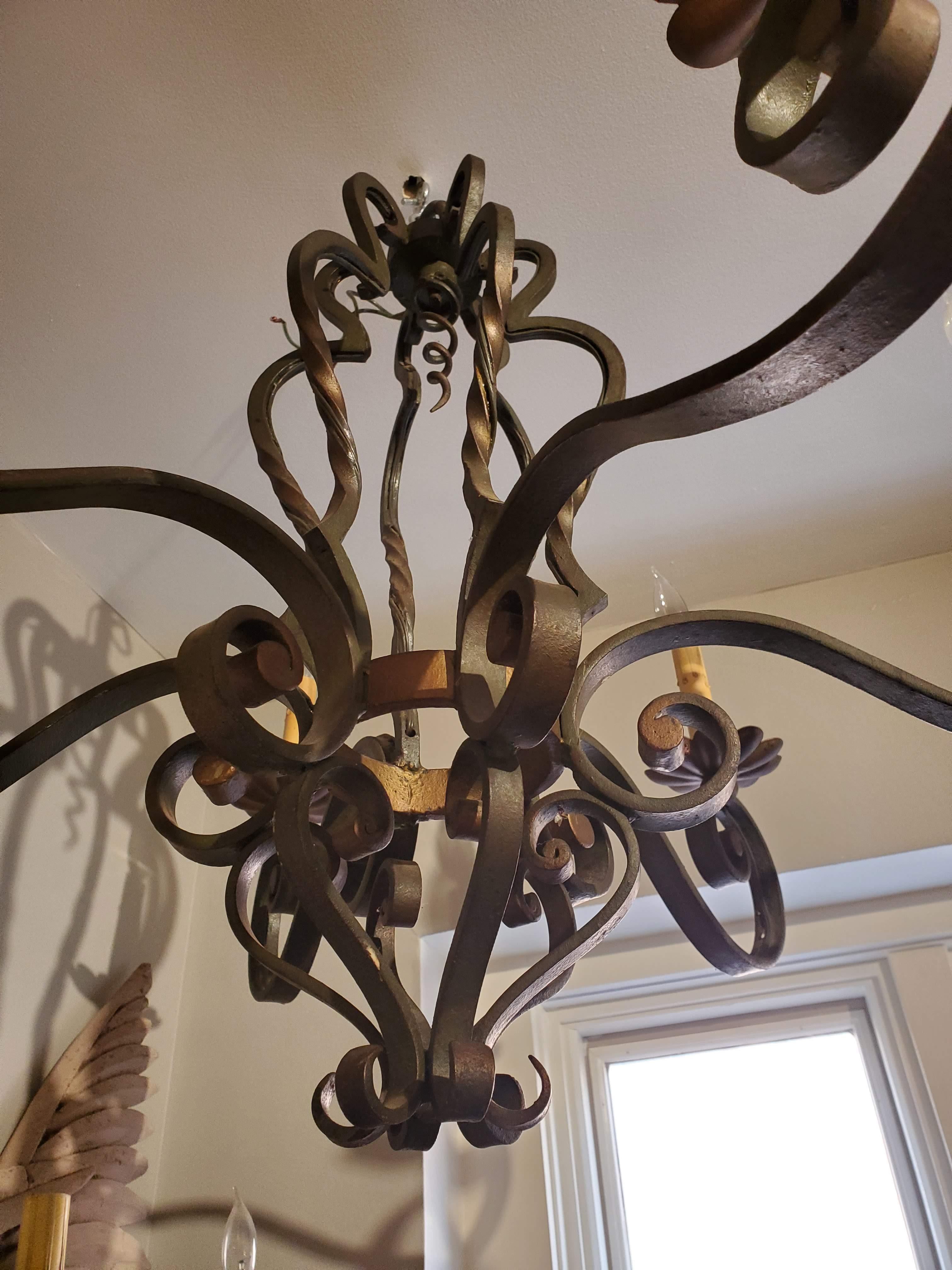 Hand-Crafted Small 19th Century French Provincial Patinated Wrought Iron Chandelier