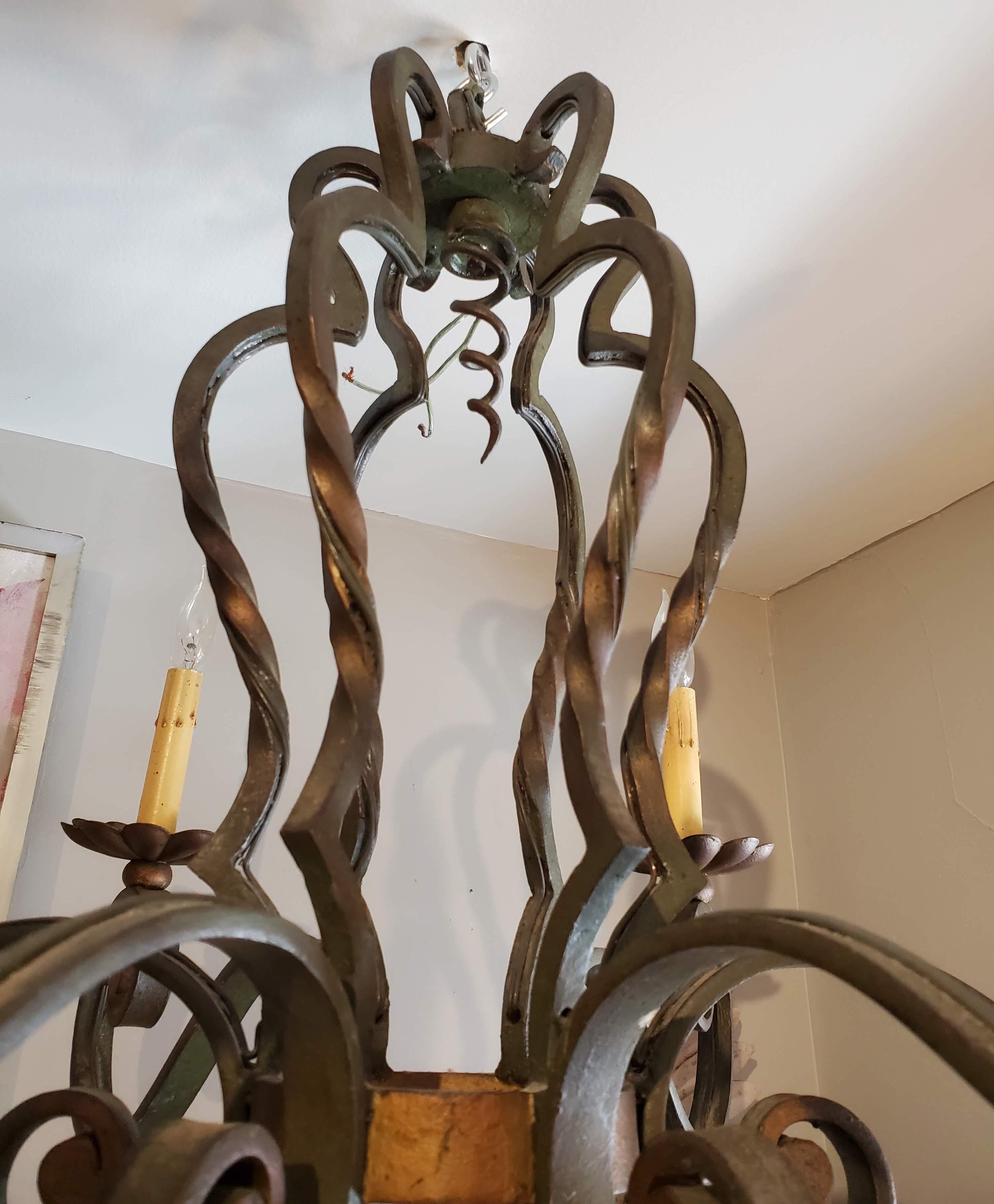 Small 19th Century French Provincial Patinated Wrought Iron Chandelier In Good Condition In Middleburg, VA