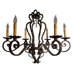 Small 19th Century French Provincial Patinated Wrought Iron Chandelier