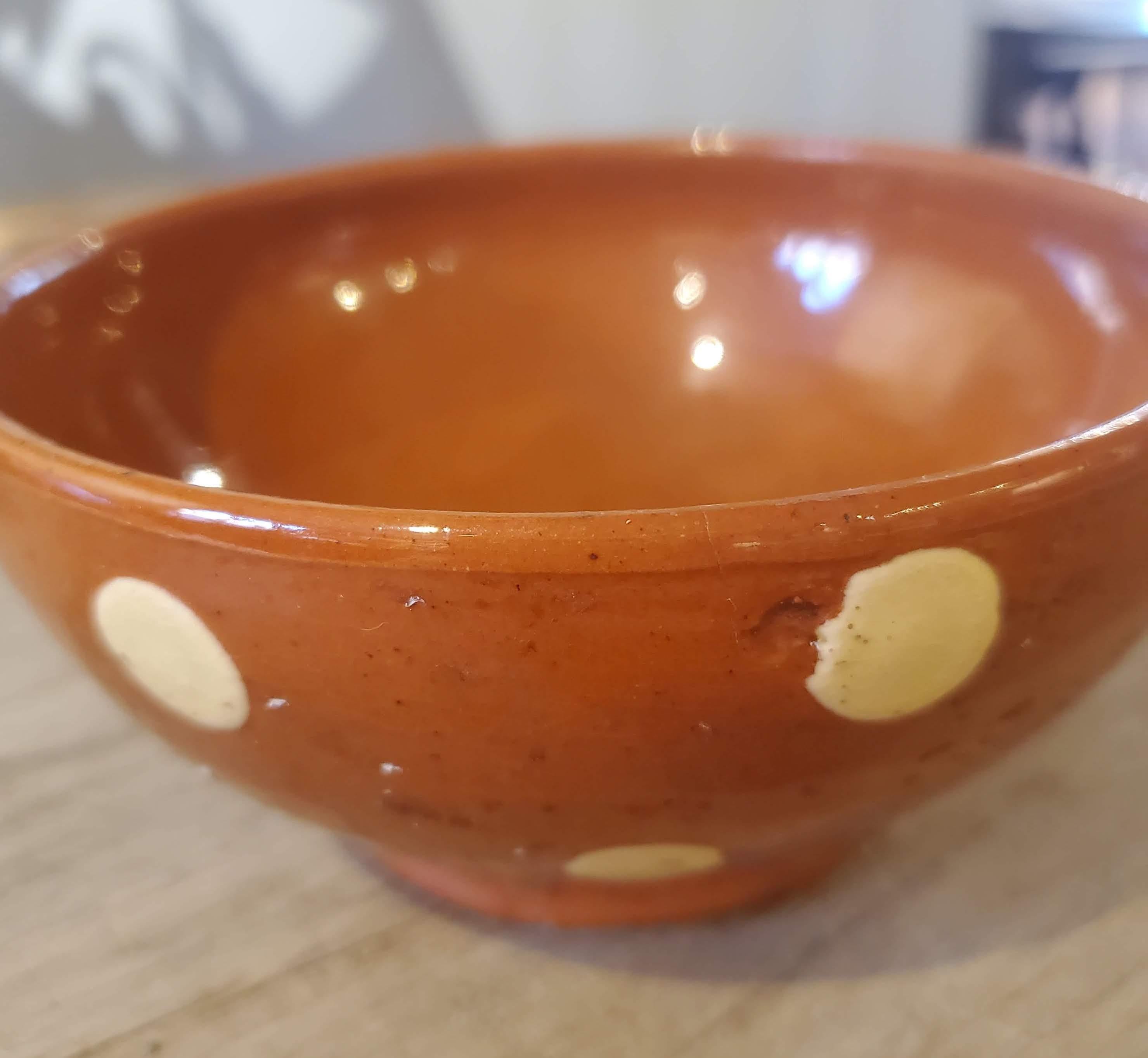 Small 19th Century French Provincial Terracotta Bowl with Cream Polka Dots In Good Condition In Middleburg, VA